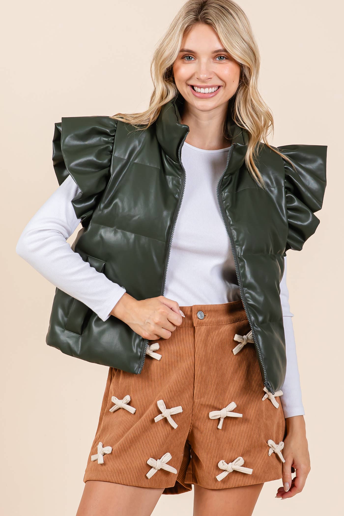 Faux Leather Ruffle Sleeve Puffer Vest