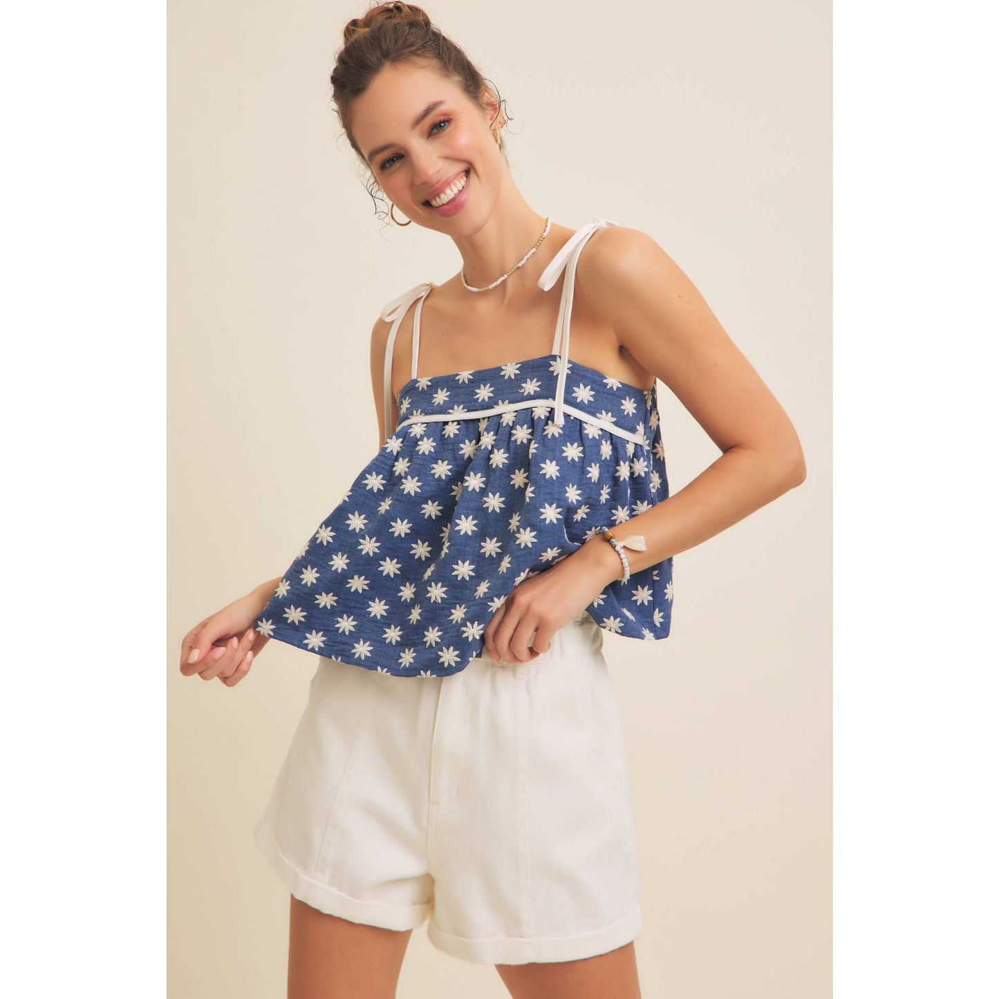 Embroidered Flare Tank Top with Bow Straps