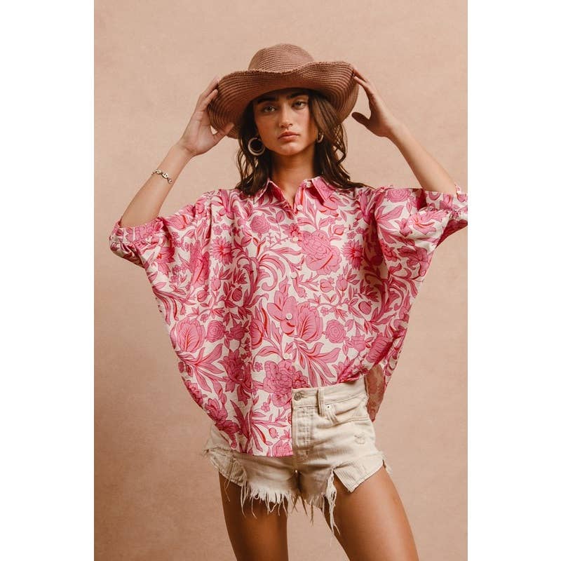 Floral Print Short Dolman Sleeve Blouse