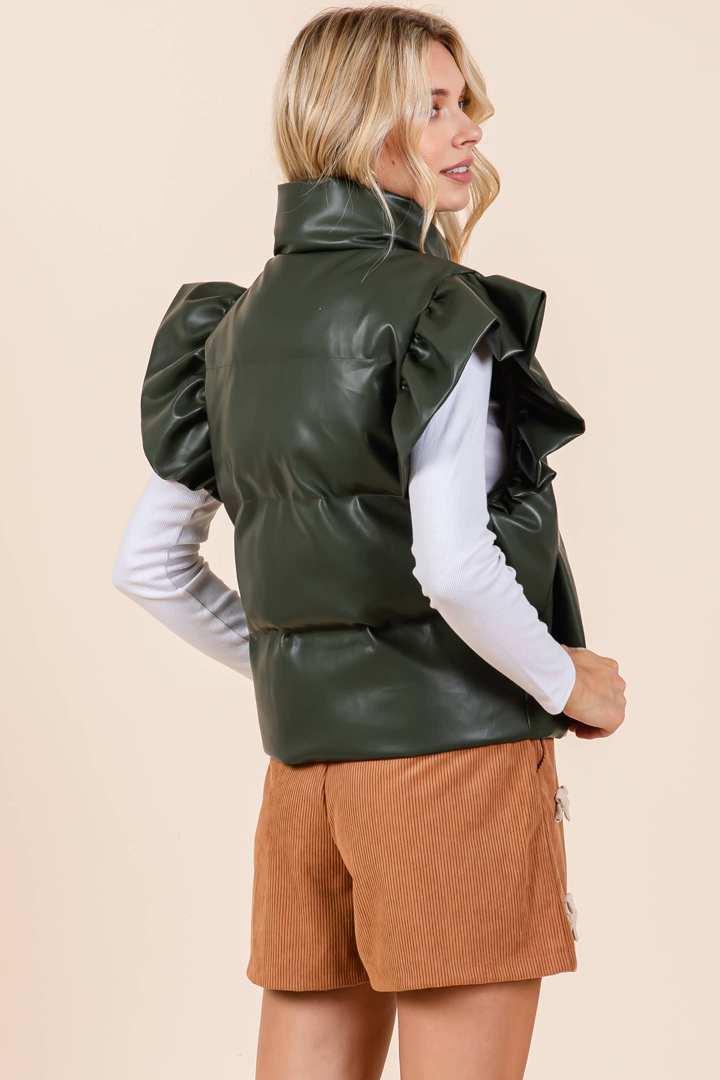 Faux Leather Ruffle Sleeve Puffer Vest