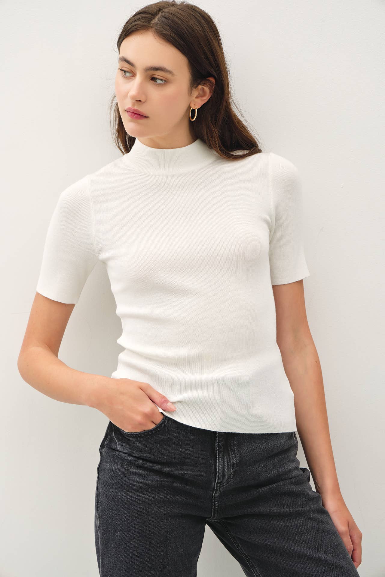 Ribbed Short Sleeve Mock Neck Sweater