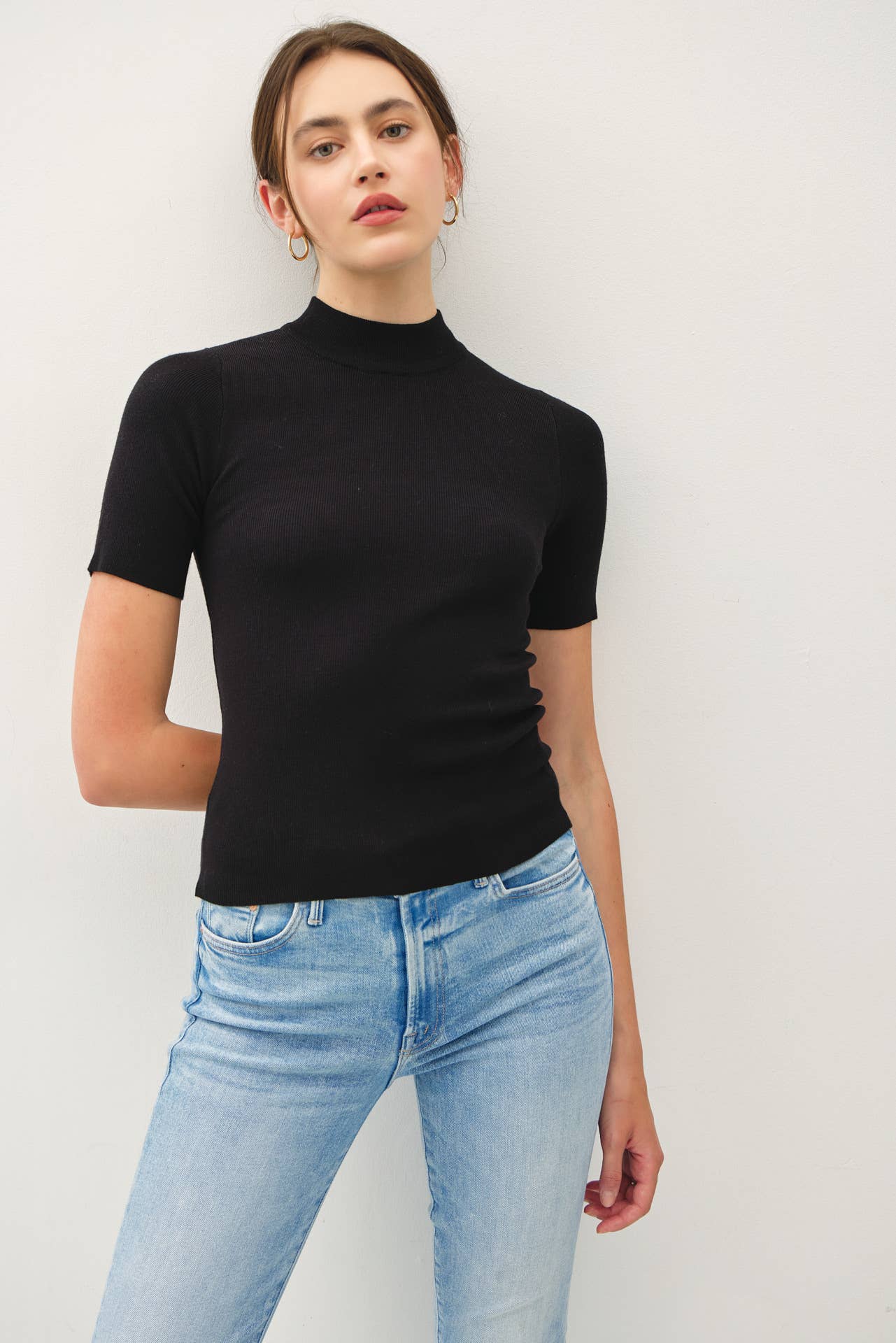 Ribbed Short Sleeve Mock Neck Sweater