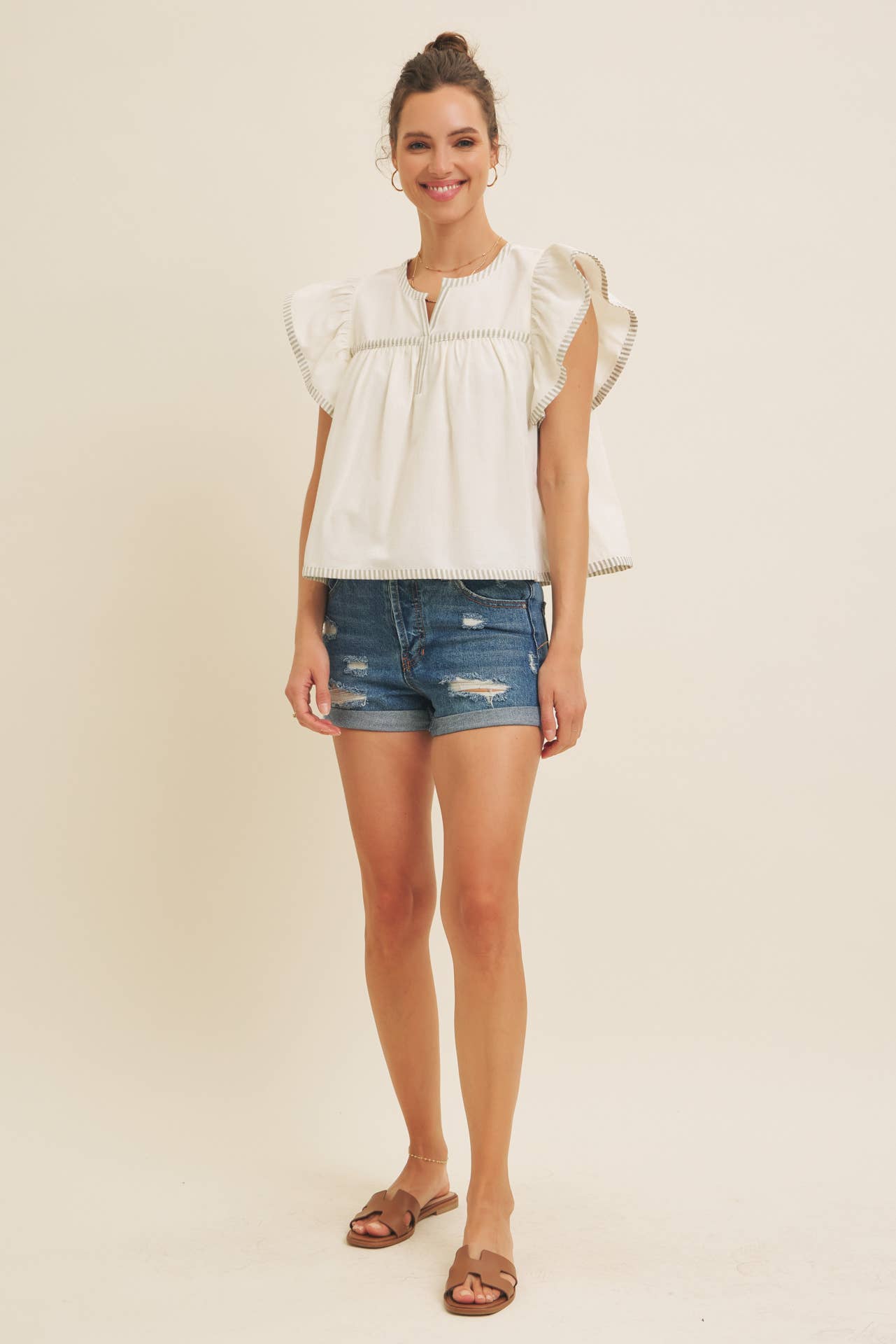 Flutter Sleeve Blouse with Contrast Stripe
