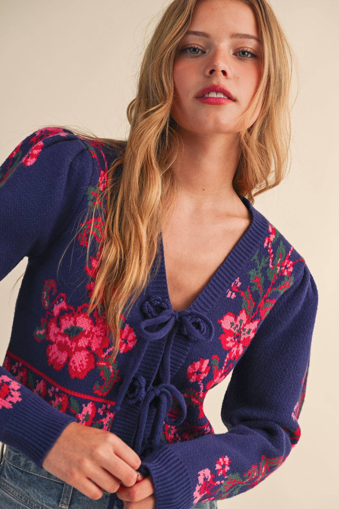 Floral Knit Tie-Front Cardigan