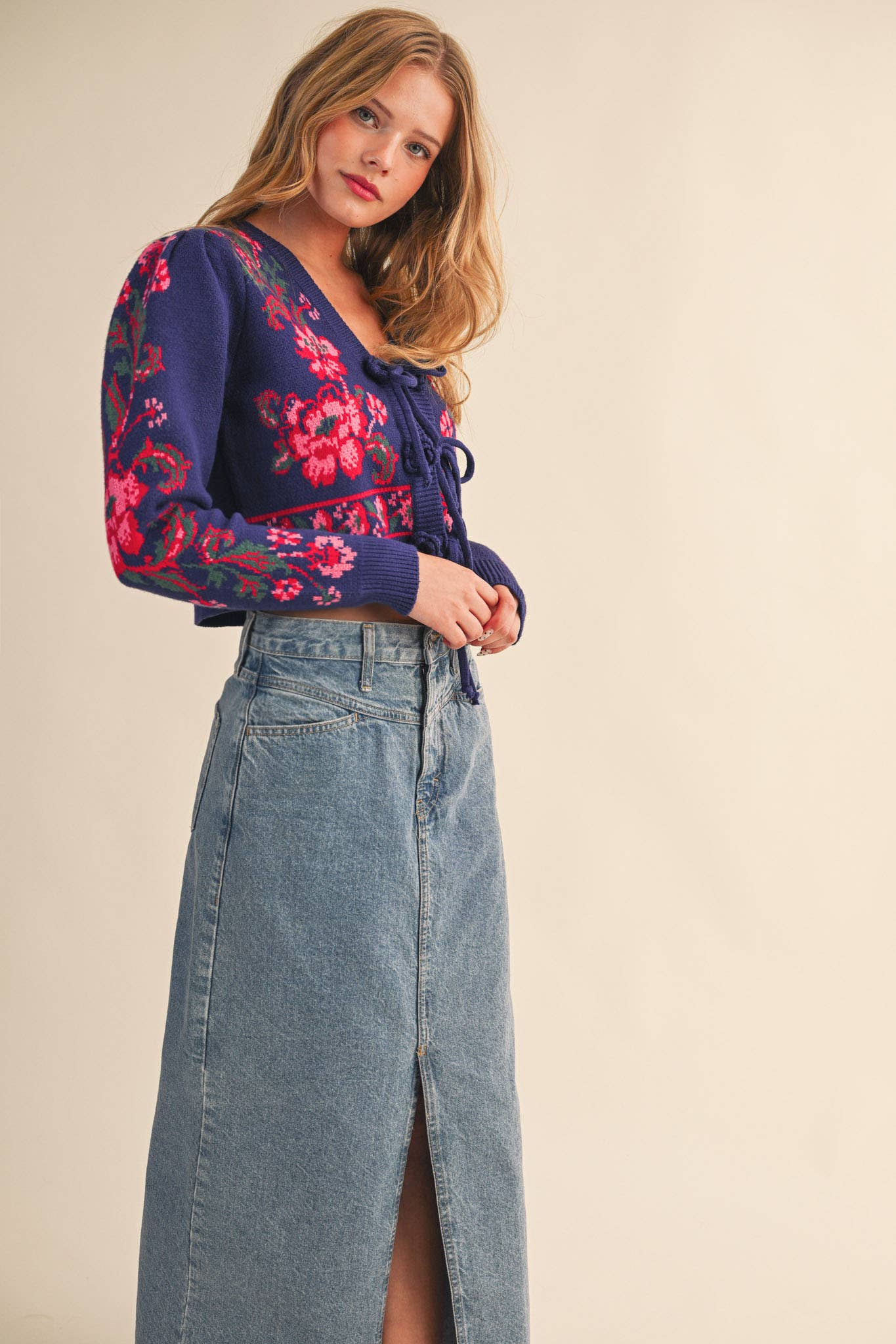 Floral Knit Tie-Front Cardigan