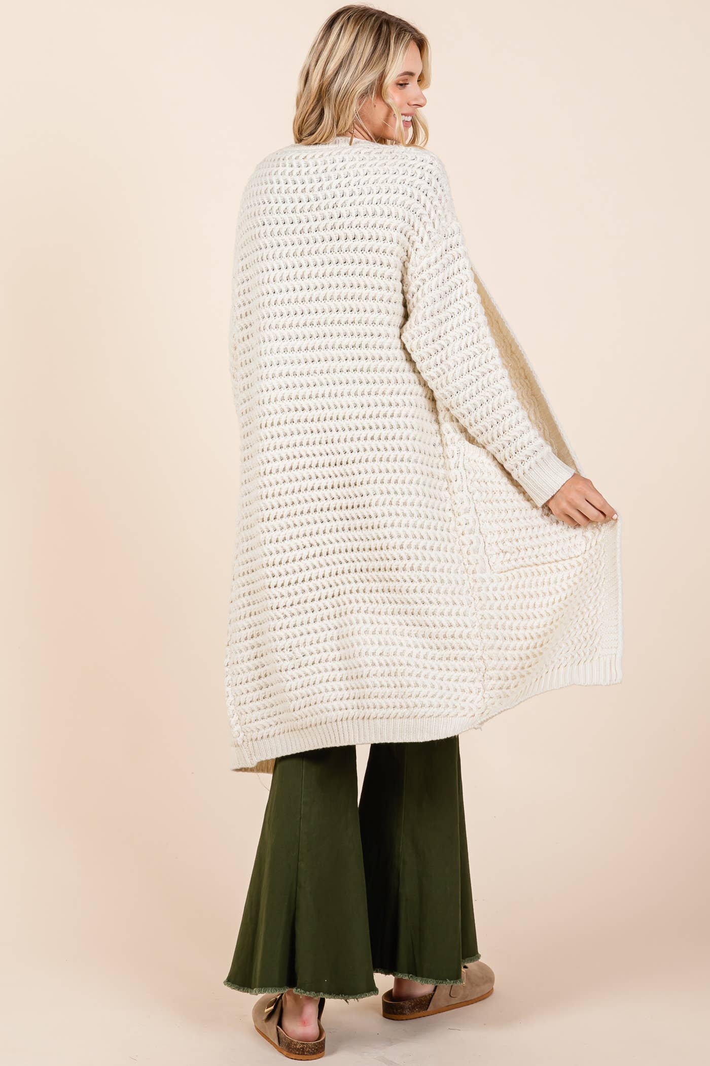 Waffle Knit Long-Body Cardigan