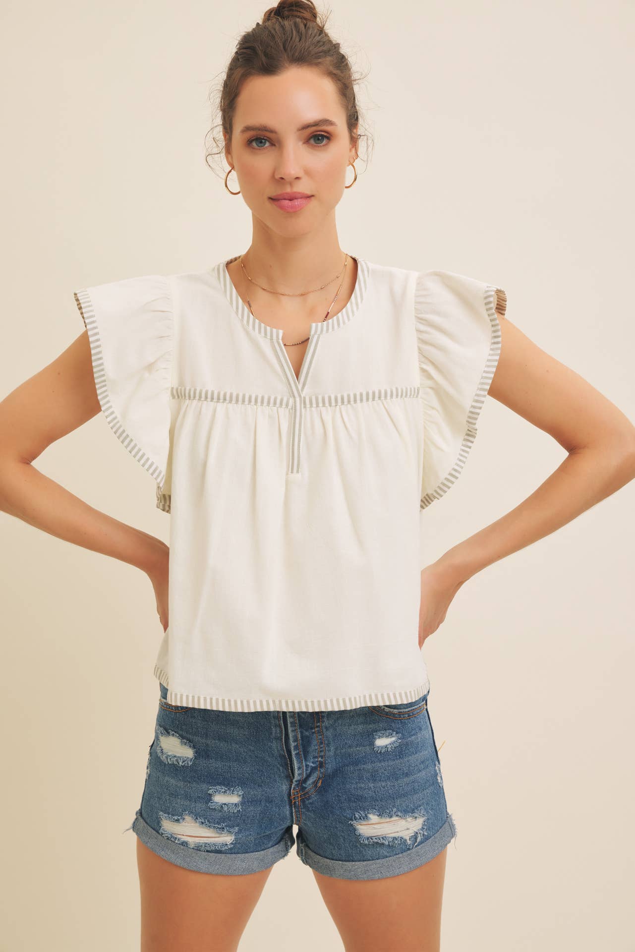 Flutter Sleeve Blouse with Contrast Stripe