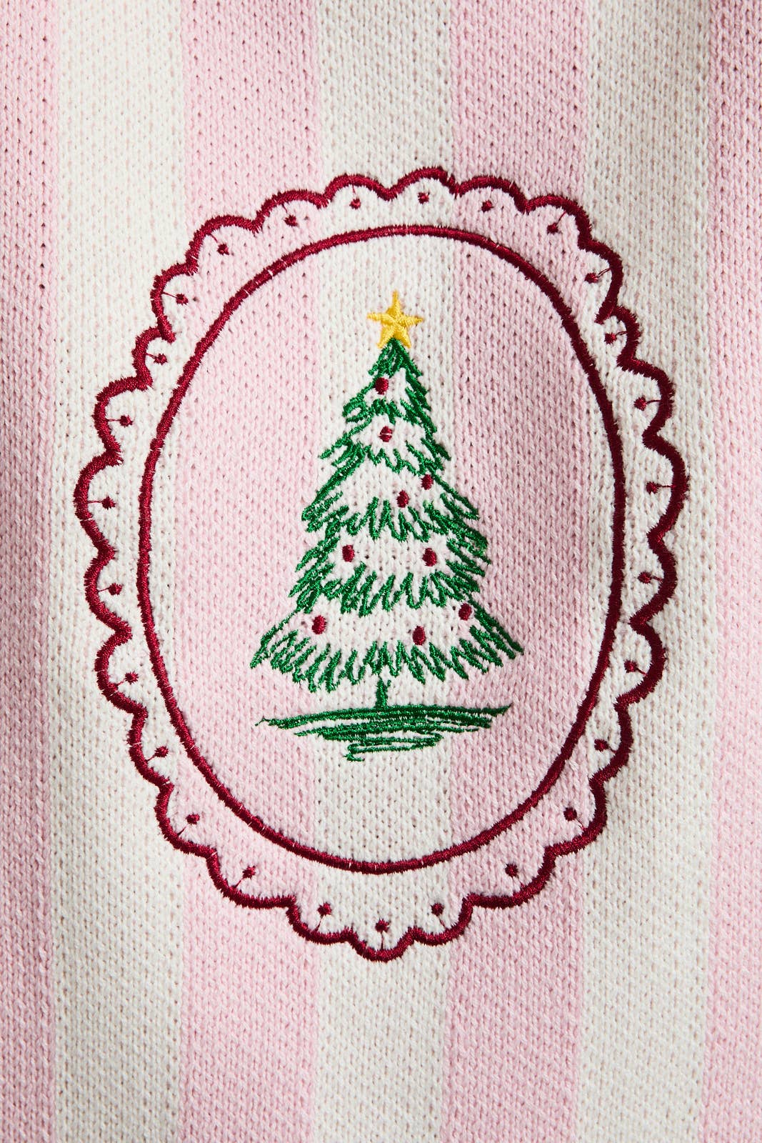 Stripe Knit Sweater w Tree Embroidery