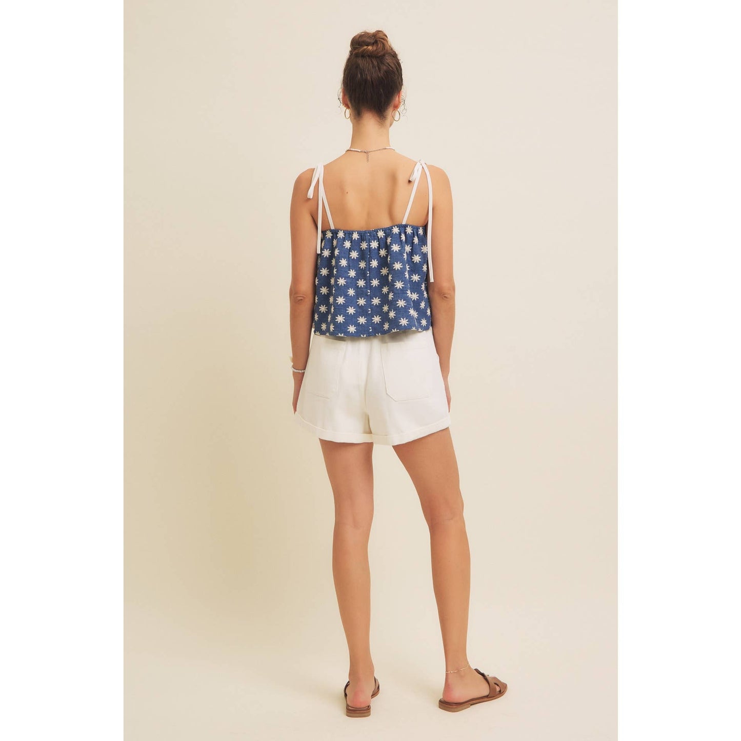 Embroidered Flare Tank Top with Bow Straps