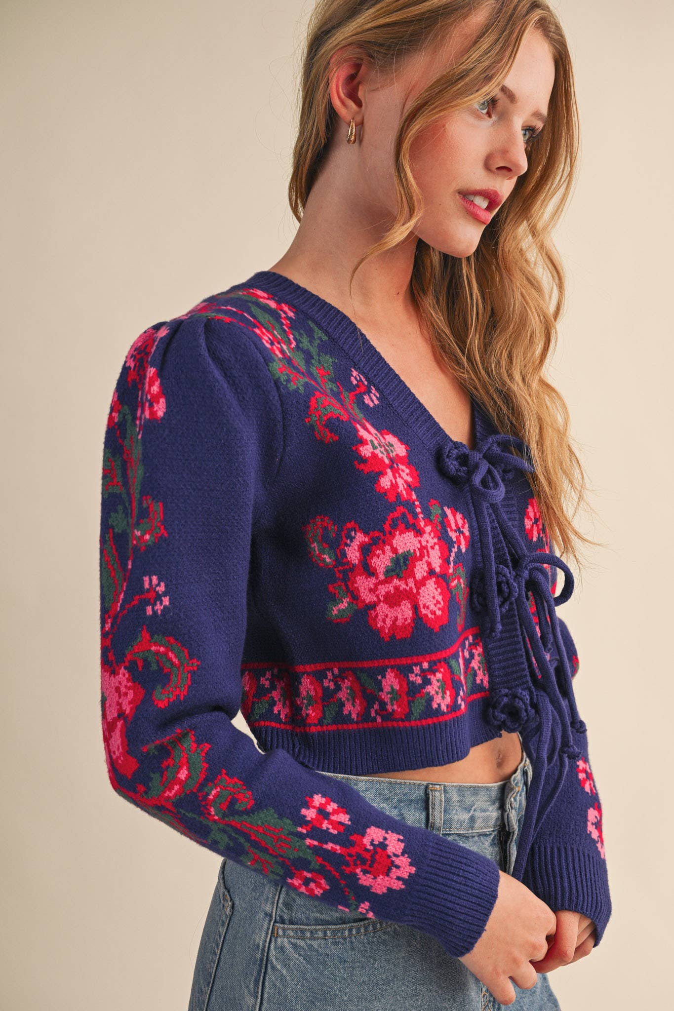 Floral Knit Tie-Front Cardigan