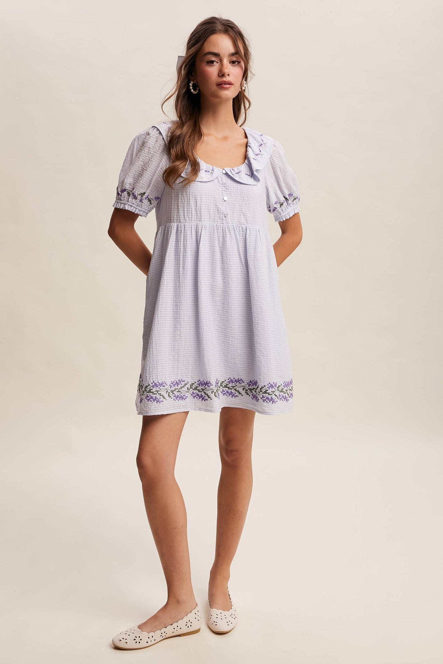 Embroidered Ruffle Collar Textured Gingham Dress