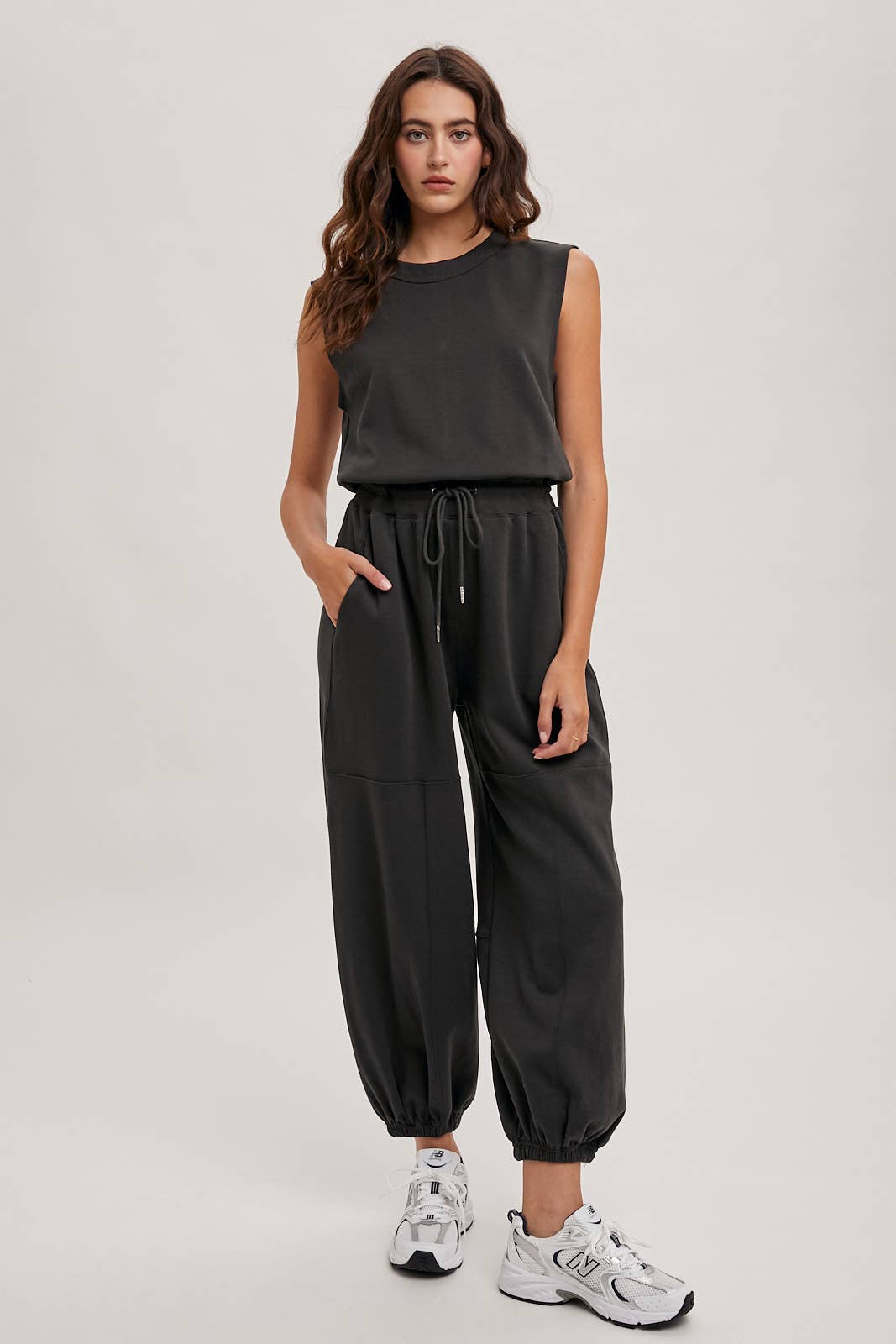 Drawstring Waist Sleeveless Knit Active Jumpsuit