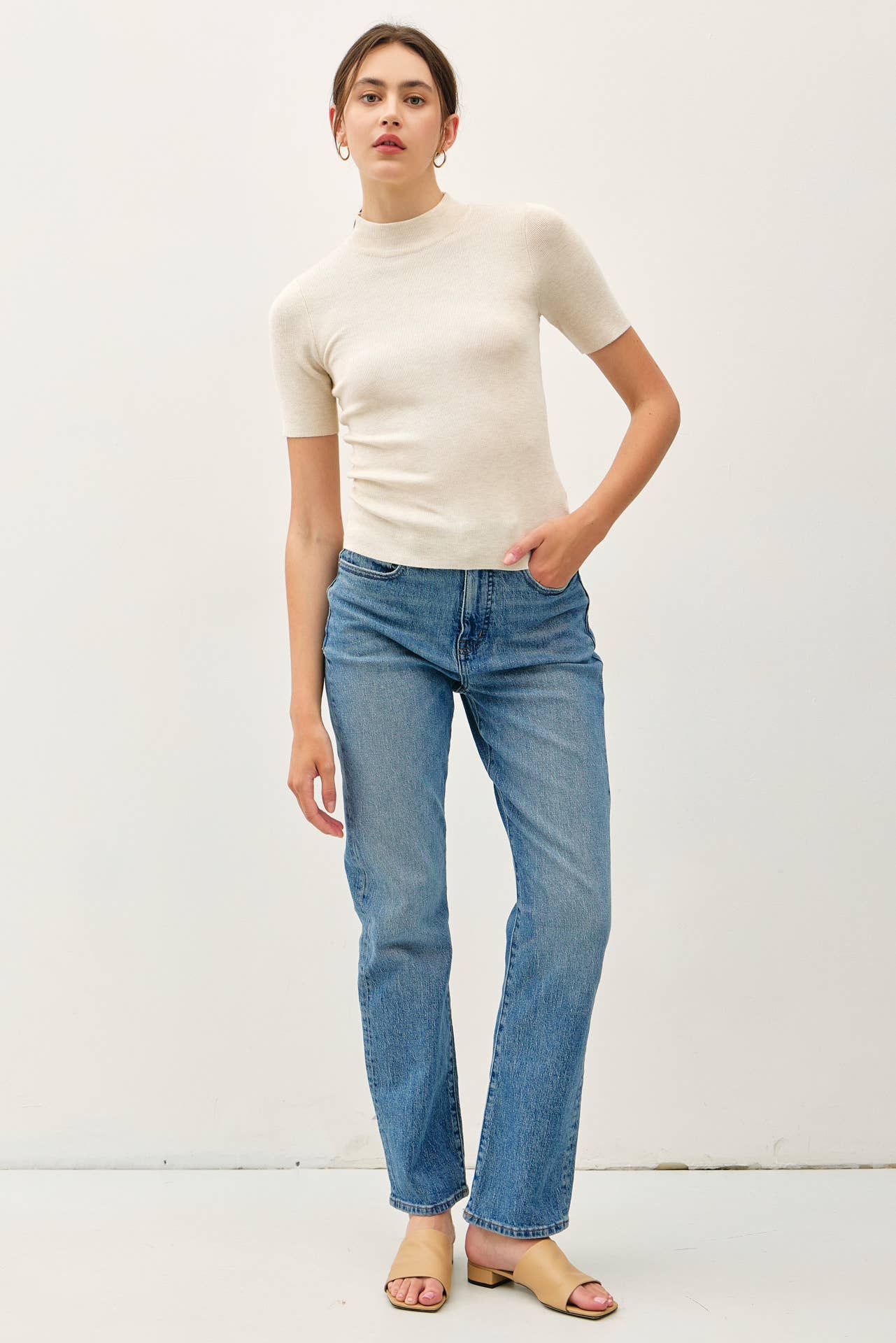 Ribbed Short Sleeve Mock Neck Sweater