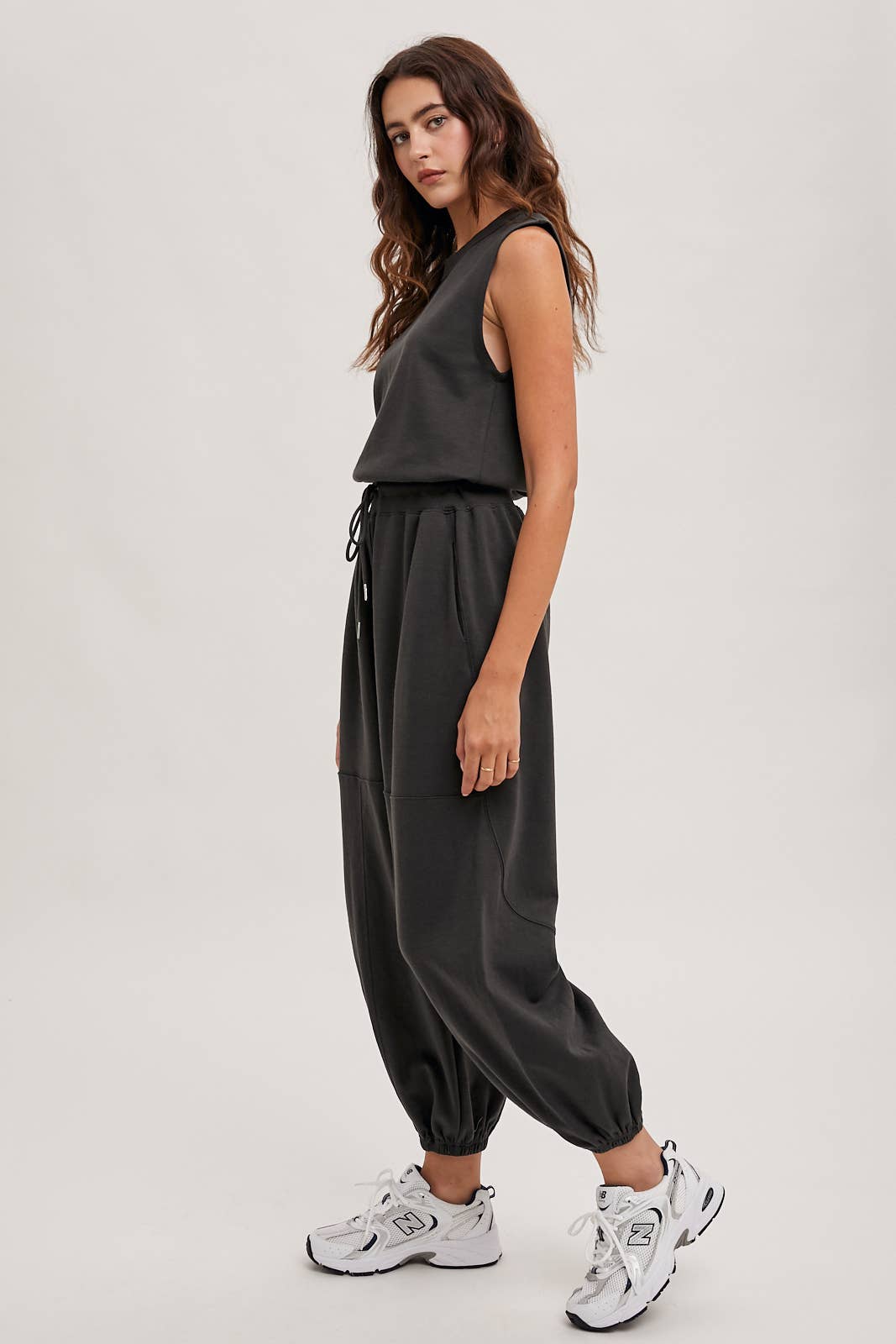 Drawstring Waist Sleeveless Knit Active Jumpsuit