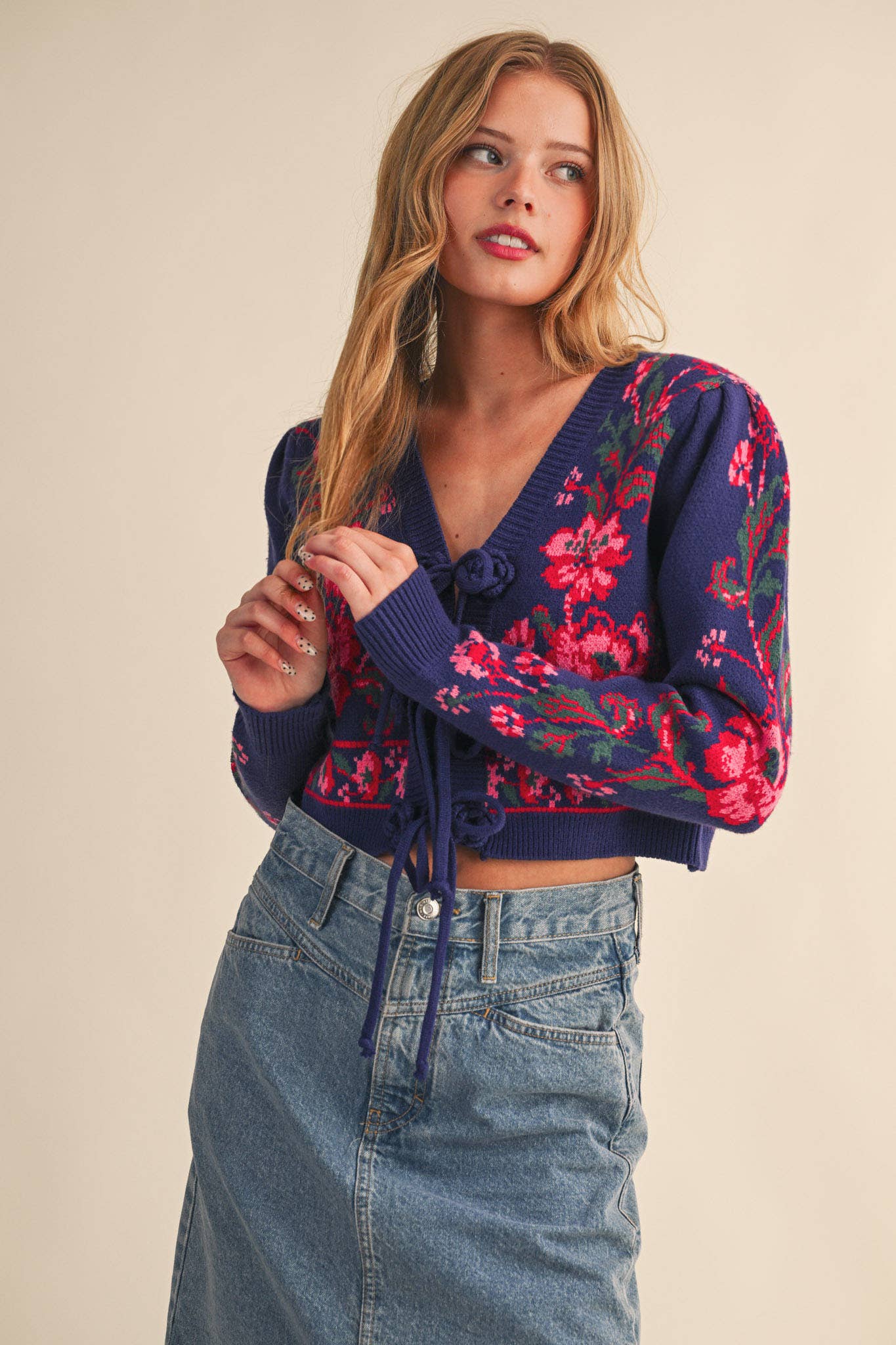 Floral Knit Tie-Front Cardigan