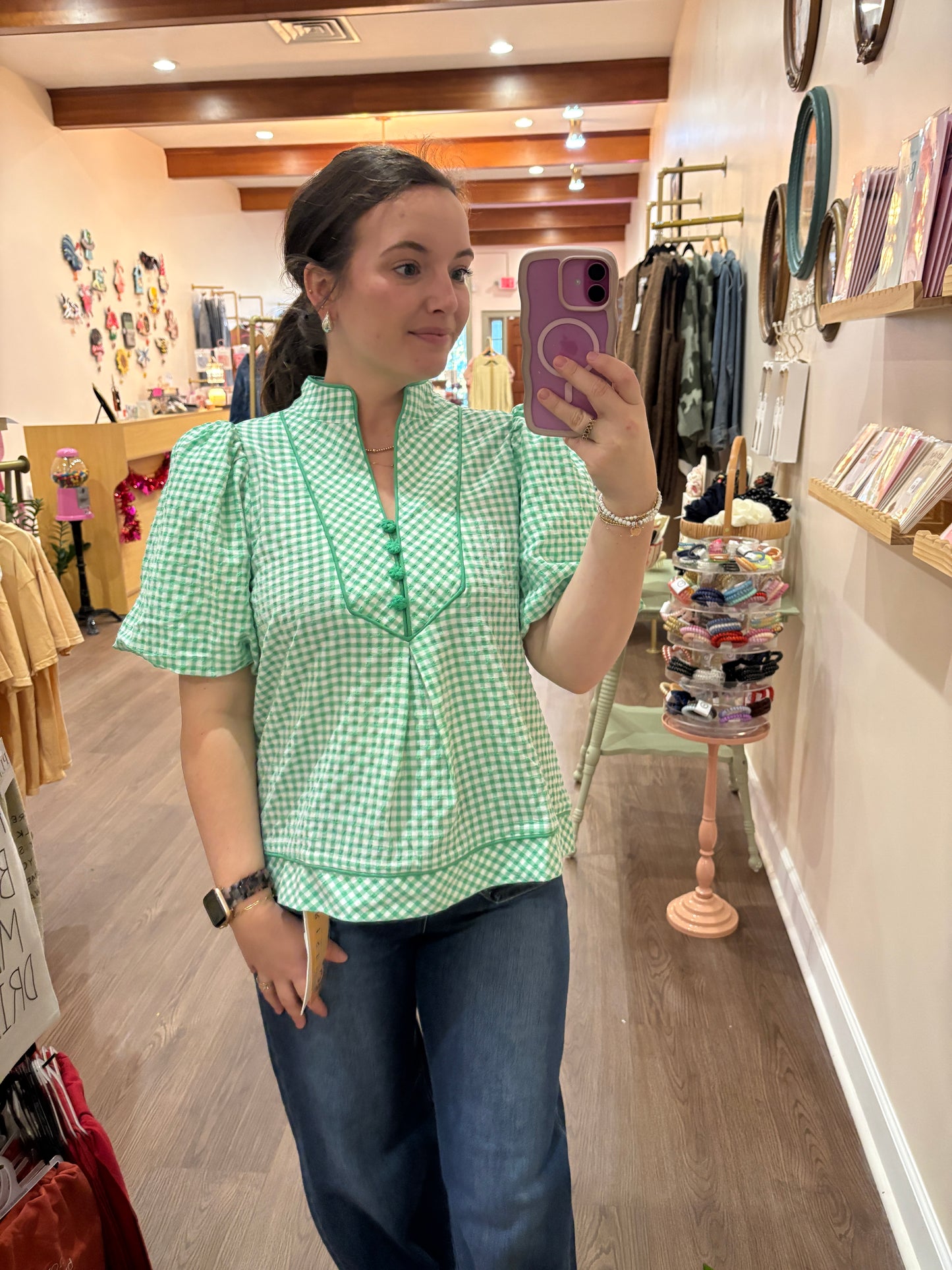 Puff Sleeve Gingham Top