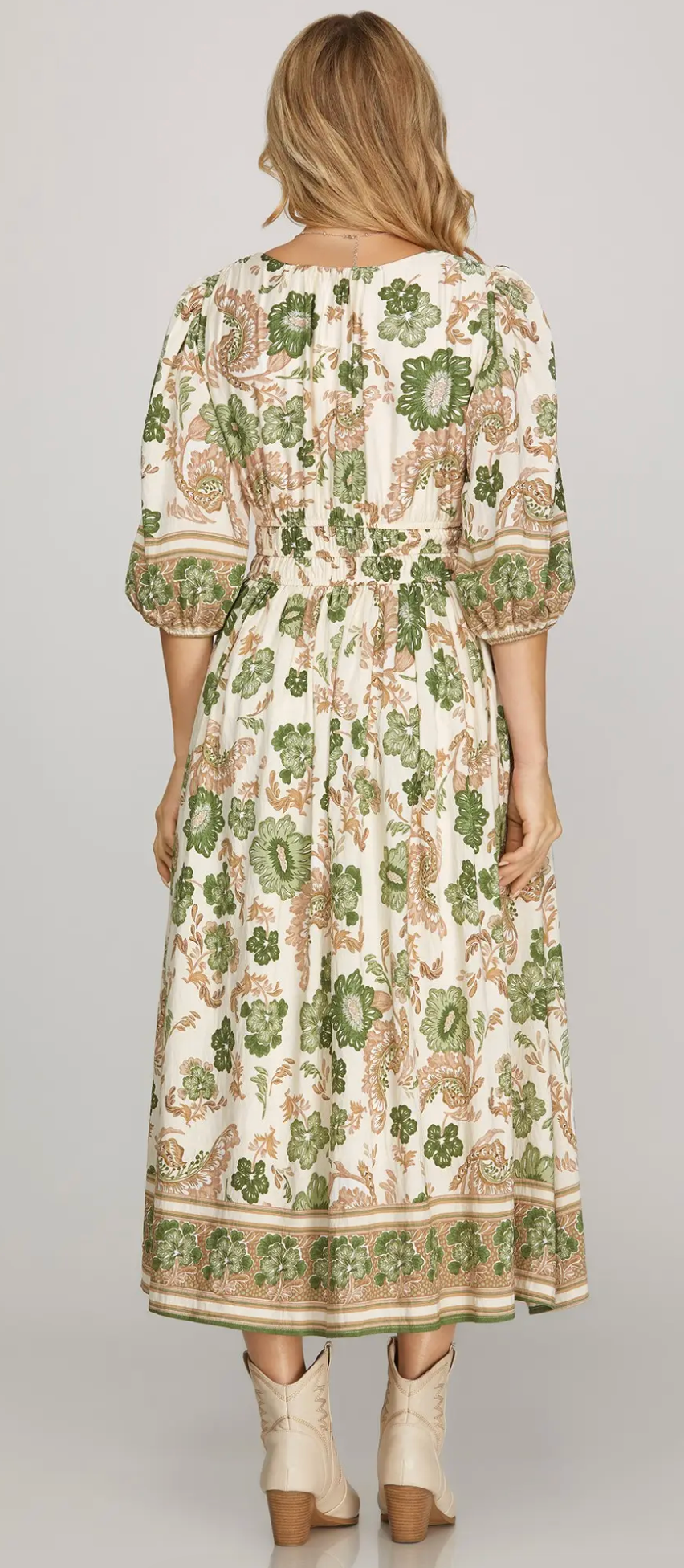 Plus 3/4 Sleeve V Neck Border Print Woven Midi Dress with Pockets