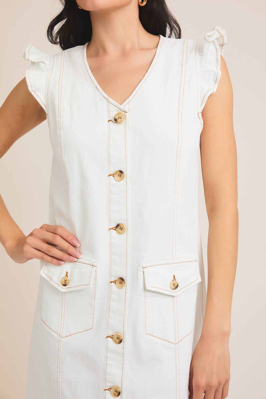Sleeveless V-Neck Button Up Denim Dress