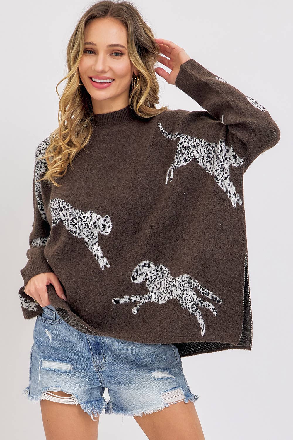 Leopard Patterned Oversize Knit Sweater