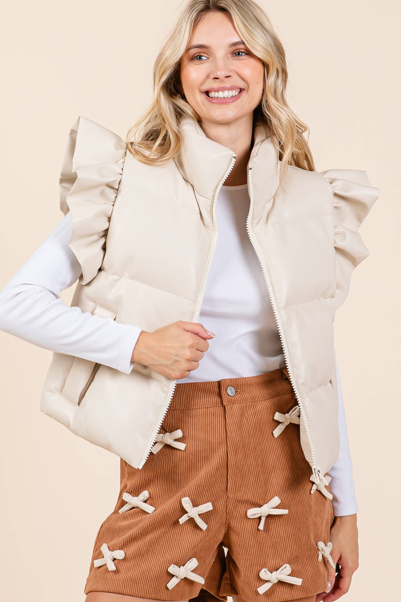 Faux Leather Ruffle Sleeve Puffer Vest