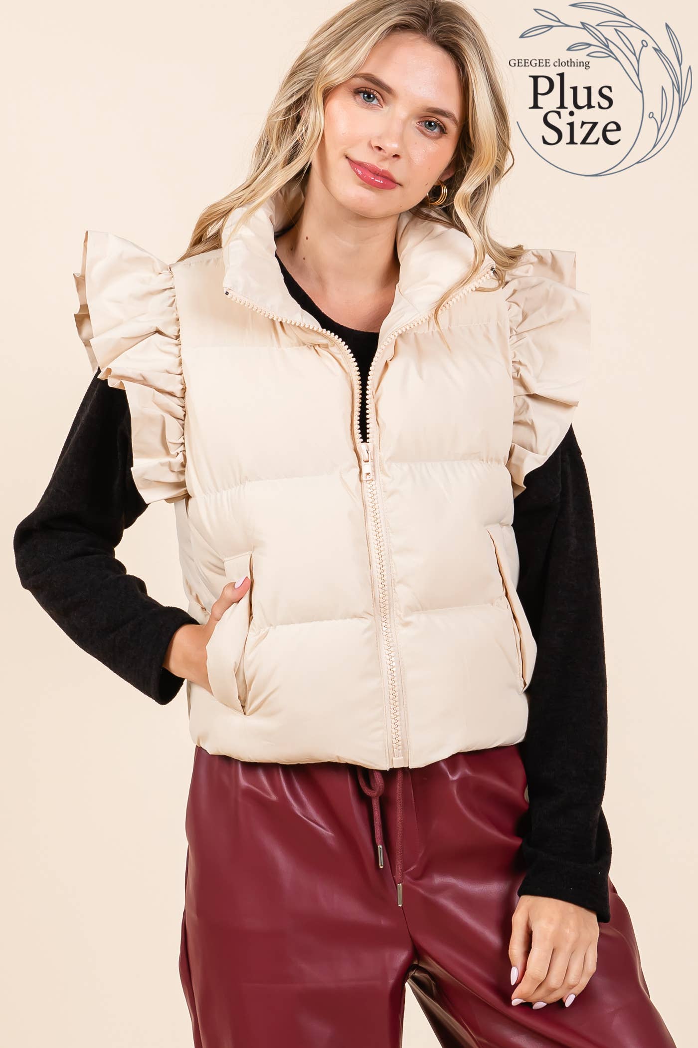 Plus Ruffled Sleeve Puffer Vest