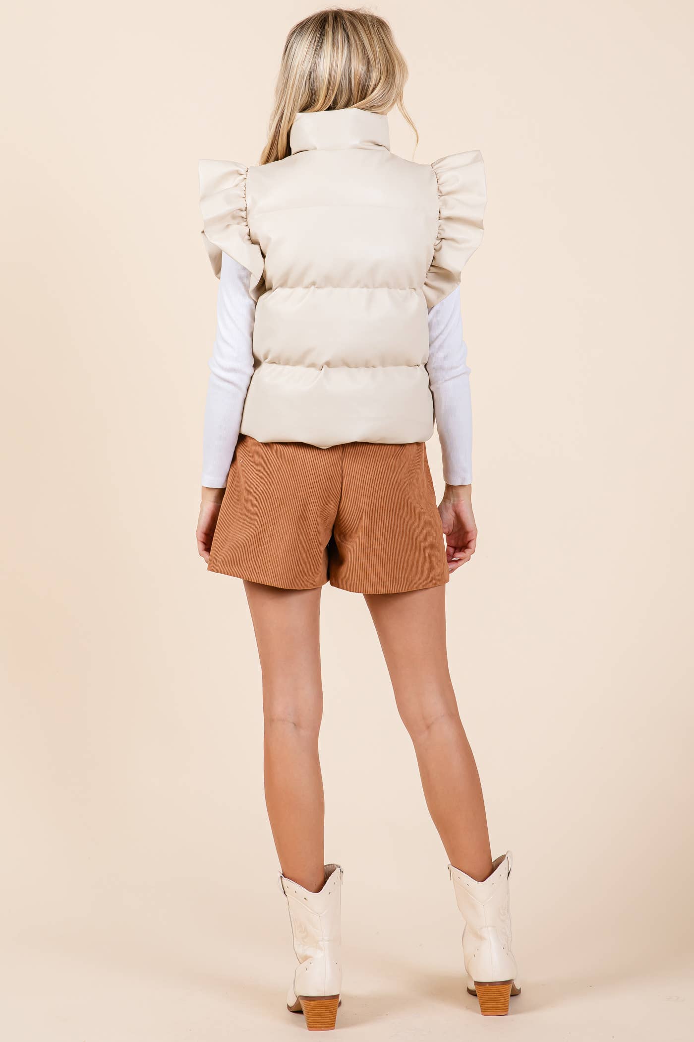 Faux Leather Ruffle Sleeve Puffer Vest