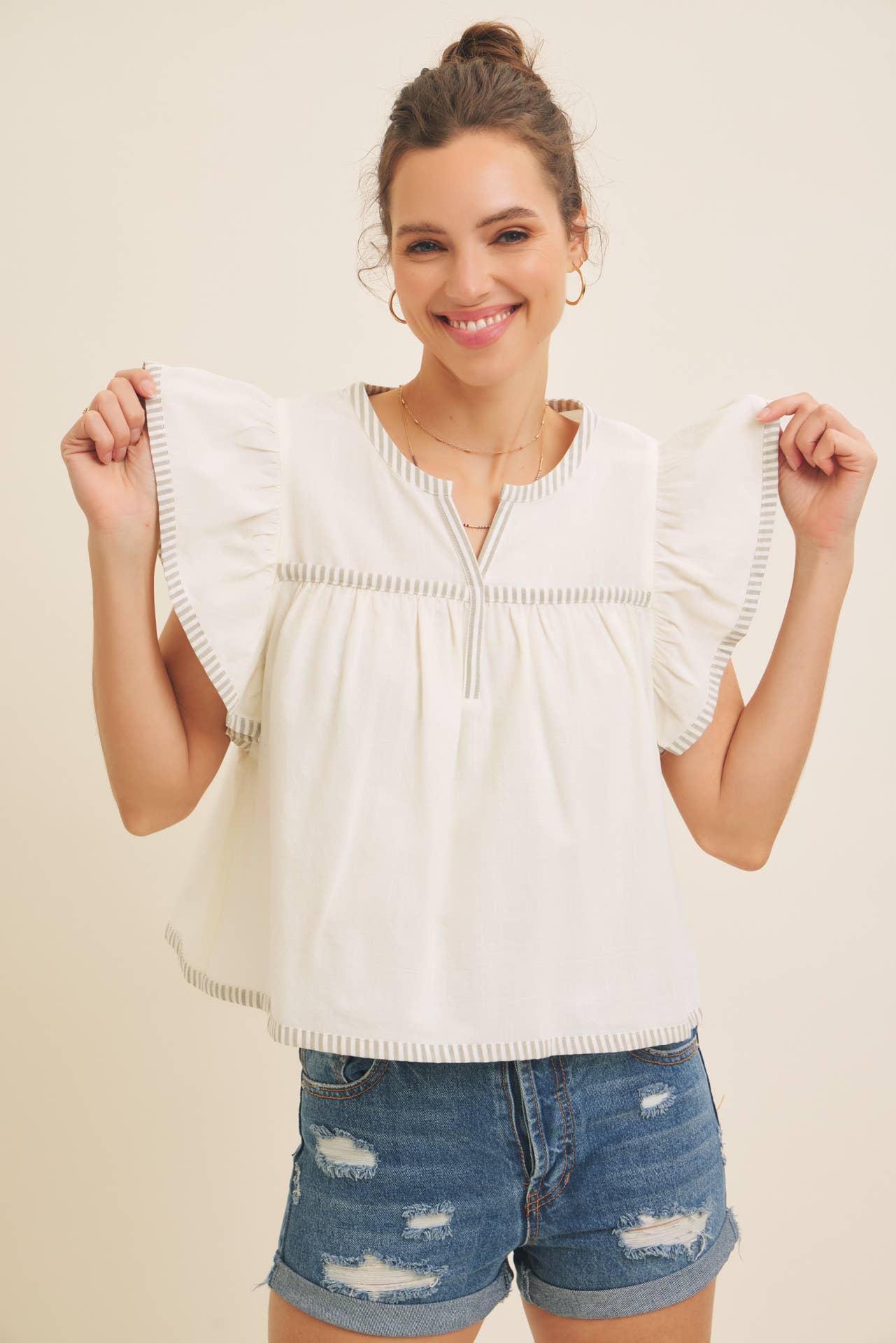 Flutter Sleeve Blouse with Contrast Stripe