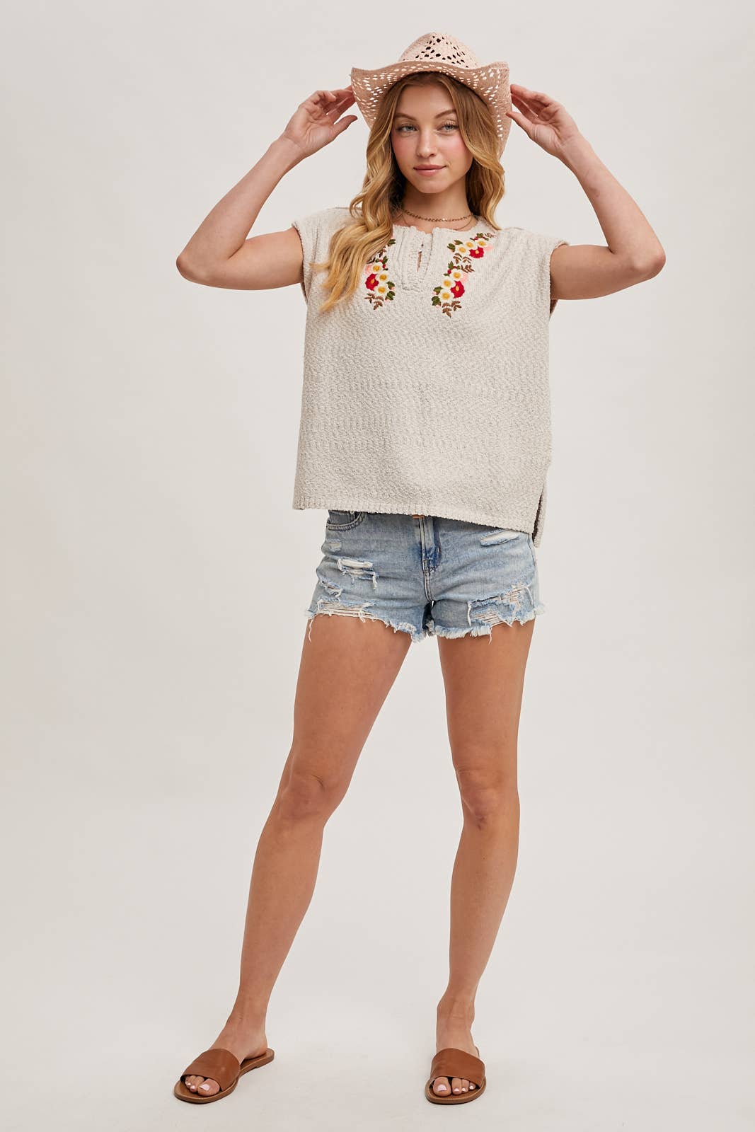 Embroidered Notch Neck Knit Top