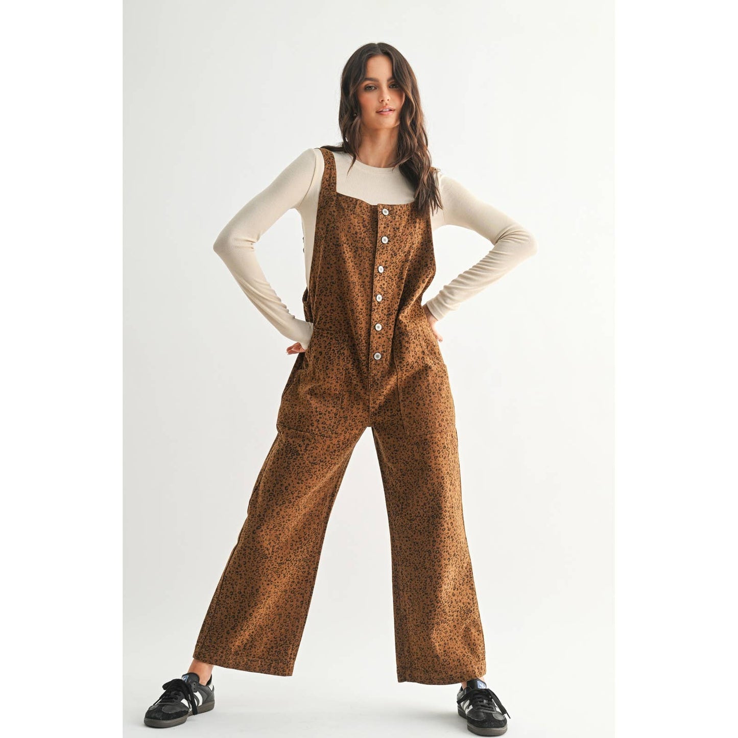 Leopard Button-Up Denim Overall