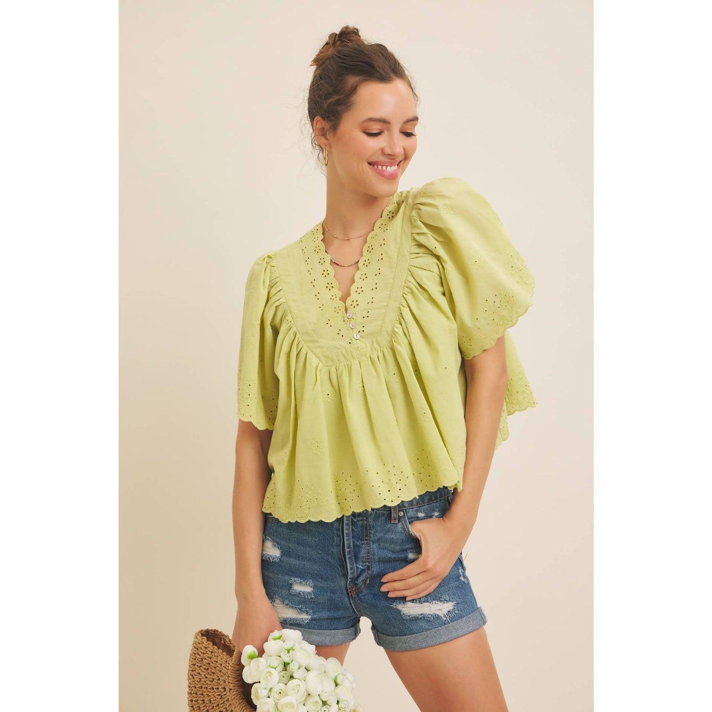 Elegant Scallop Eyelet Blouse