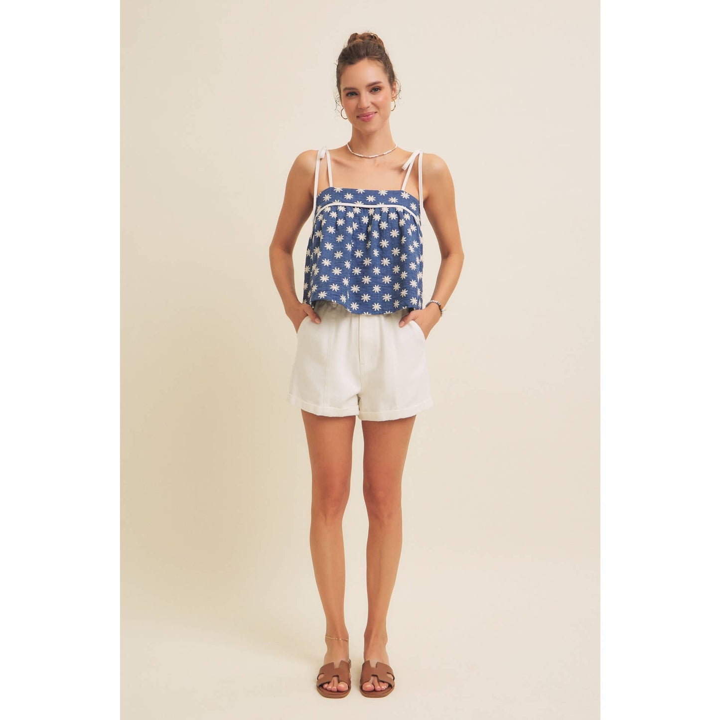 Embroidered Flare Tank Top with Bow Straps