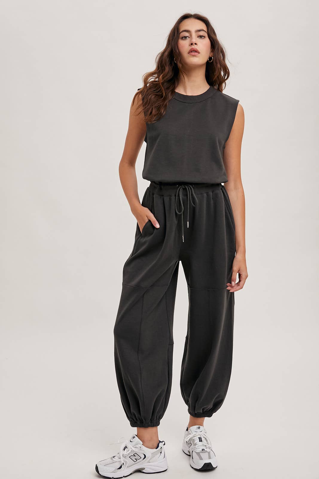 Drawstring Waist Sleeveless Knit Active Jumpsuit