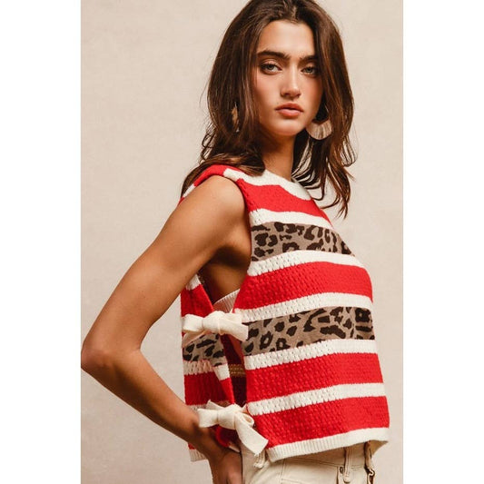 Color Block Striped Side Tie Sweater Vest