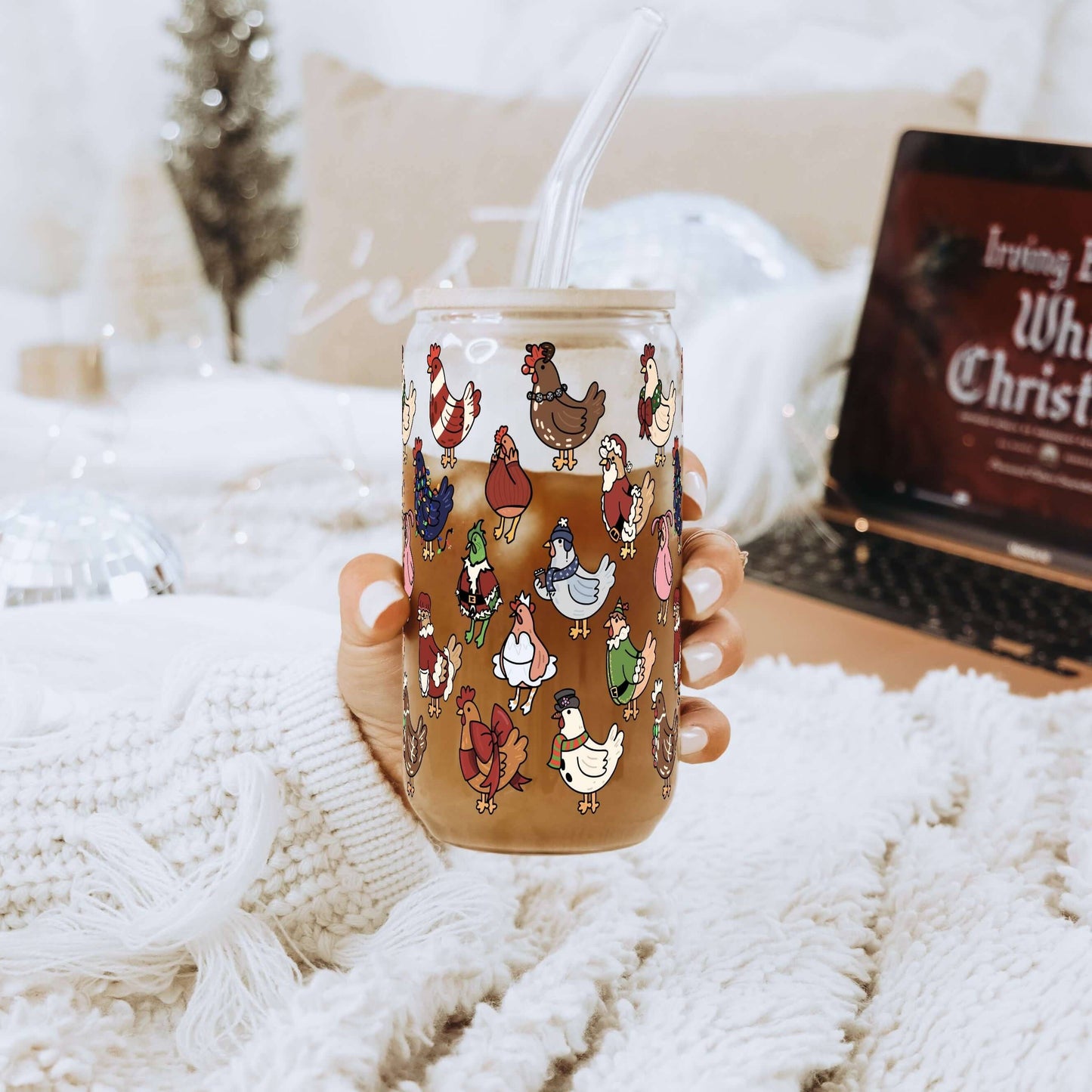 Festive Flock Christmas Can Cup with Lid & Straw