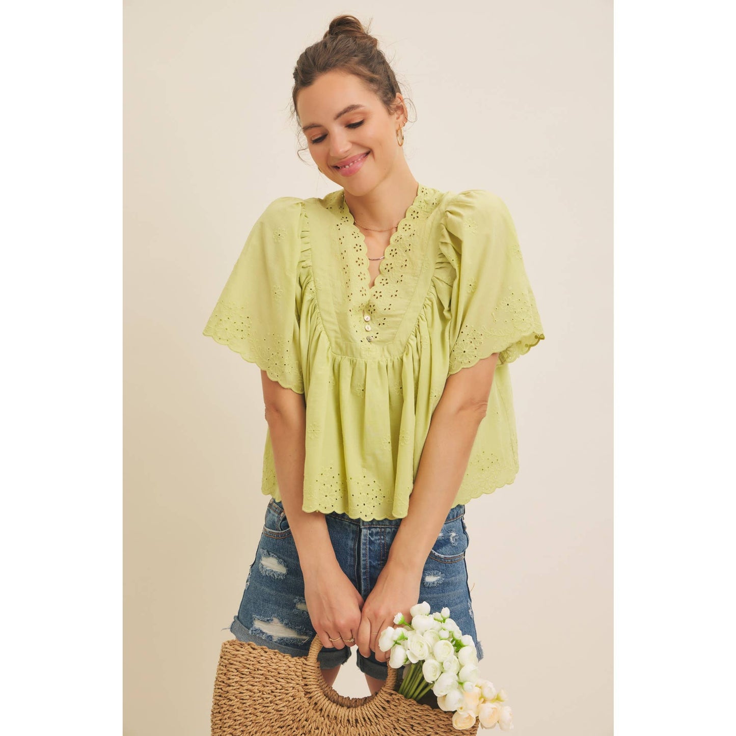 Elegant Scallop Eyelet Blouse