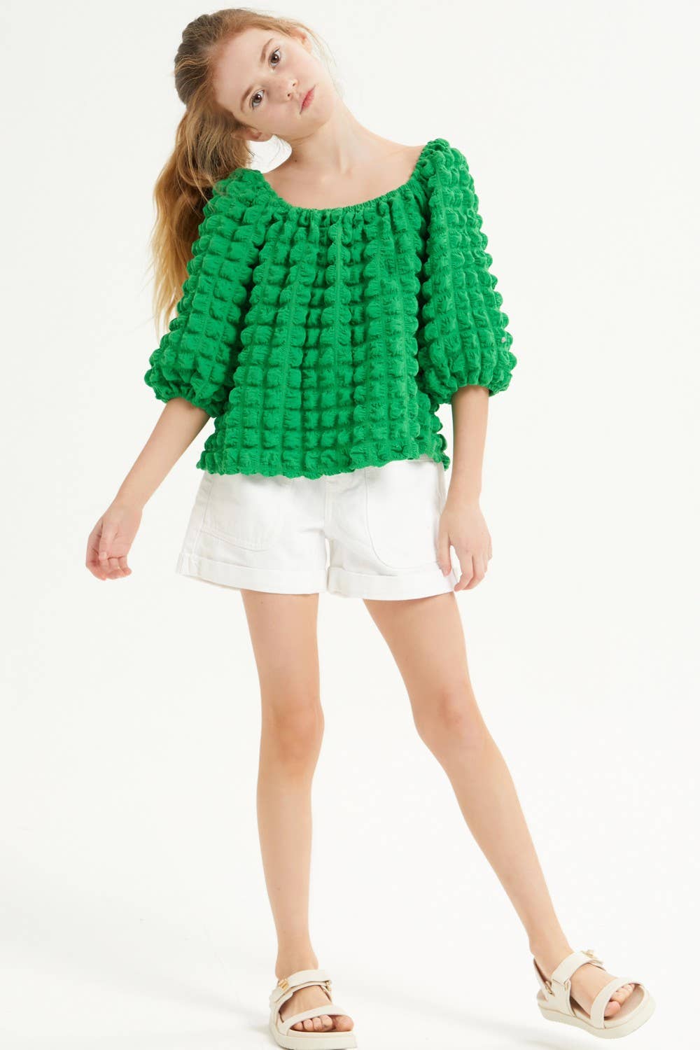Embossed Bubble Texture Balloon Sleeve Top
