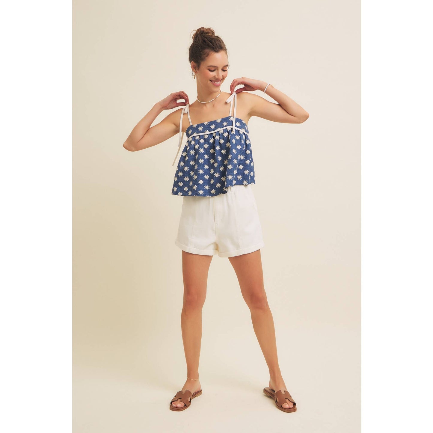 Embroidered Flare Tank Top with Bow Straps
