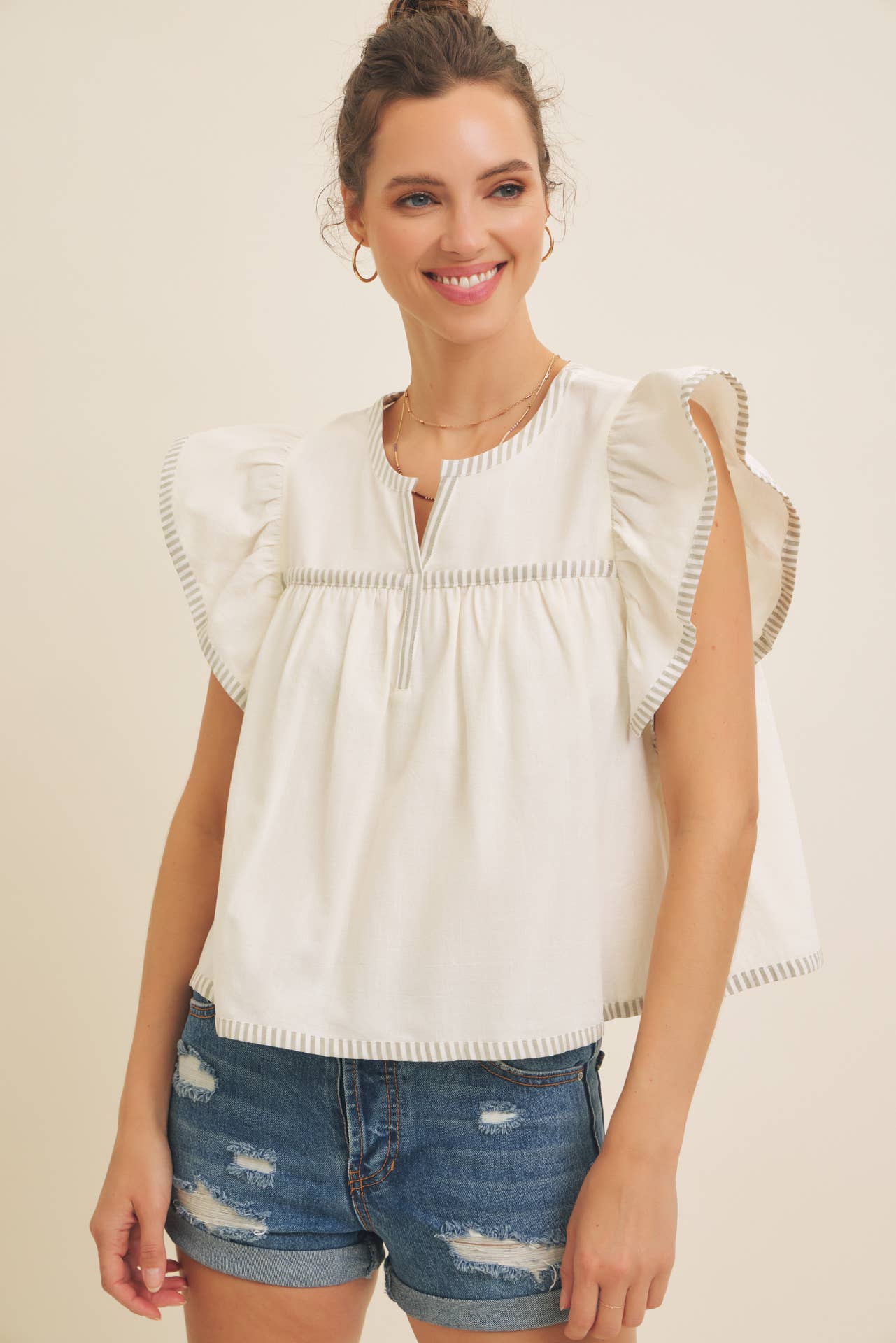 Flutter Sleeve Blouse with Contrast Stripe