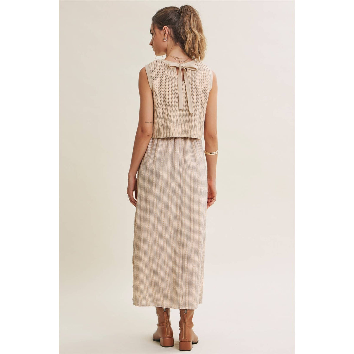 Chunky Sweater Gingham Stripe Mix Media Dress