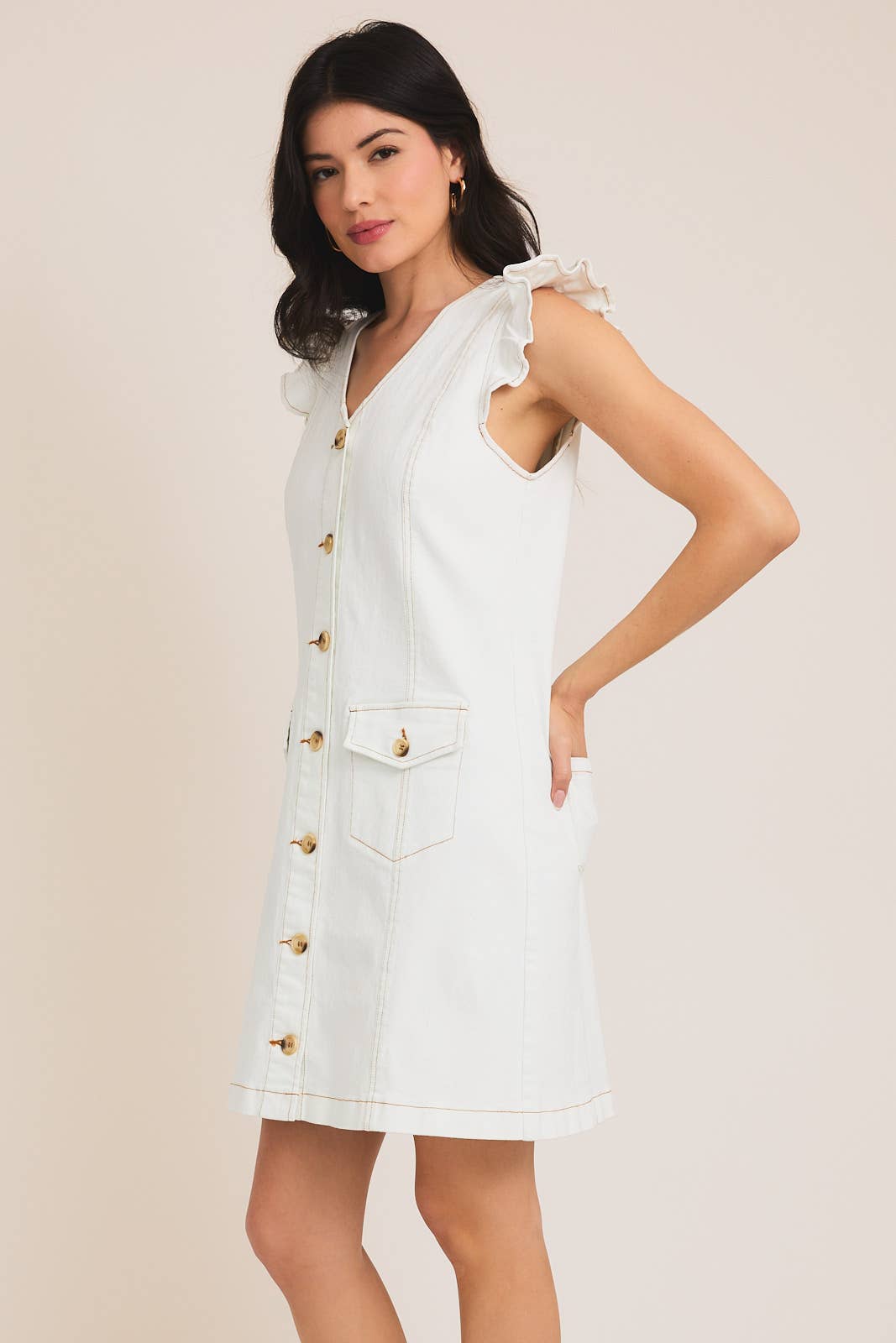 Sleeveless V-Neck Button Up Denim Dress