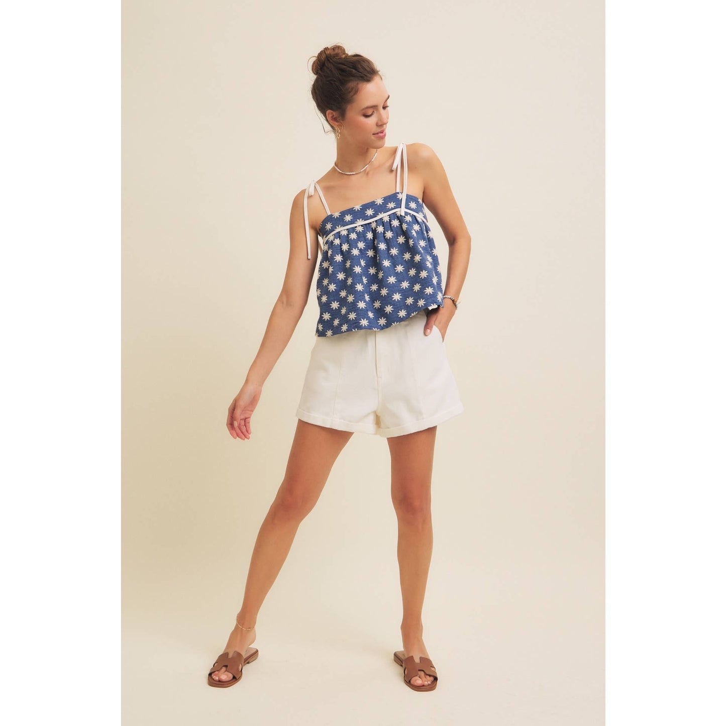 Embroidered Flare Tank Top with Bow Straps