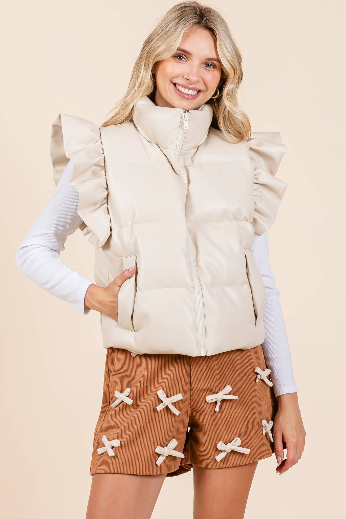 Faux Leather Ruffle Sleeve Puffer Vest