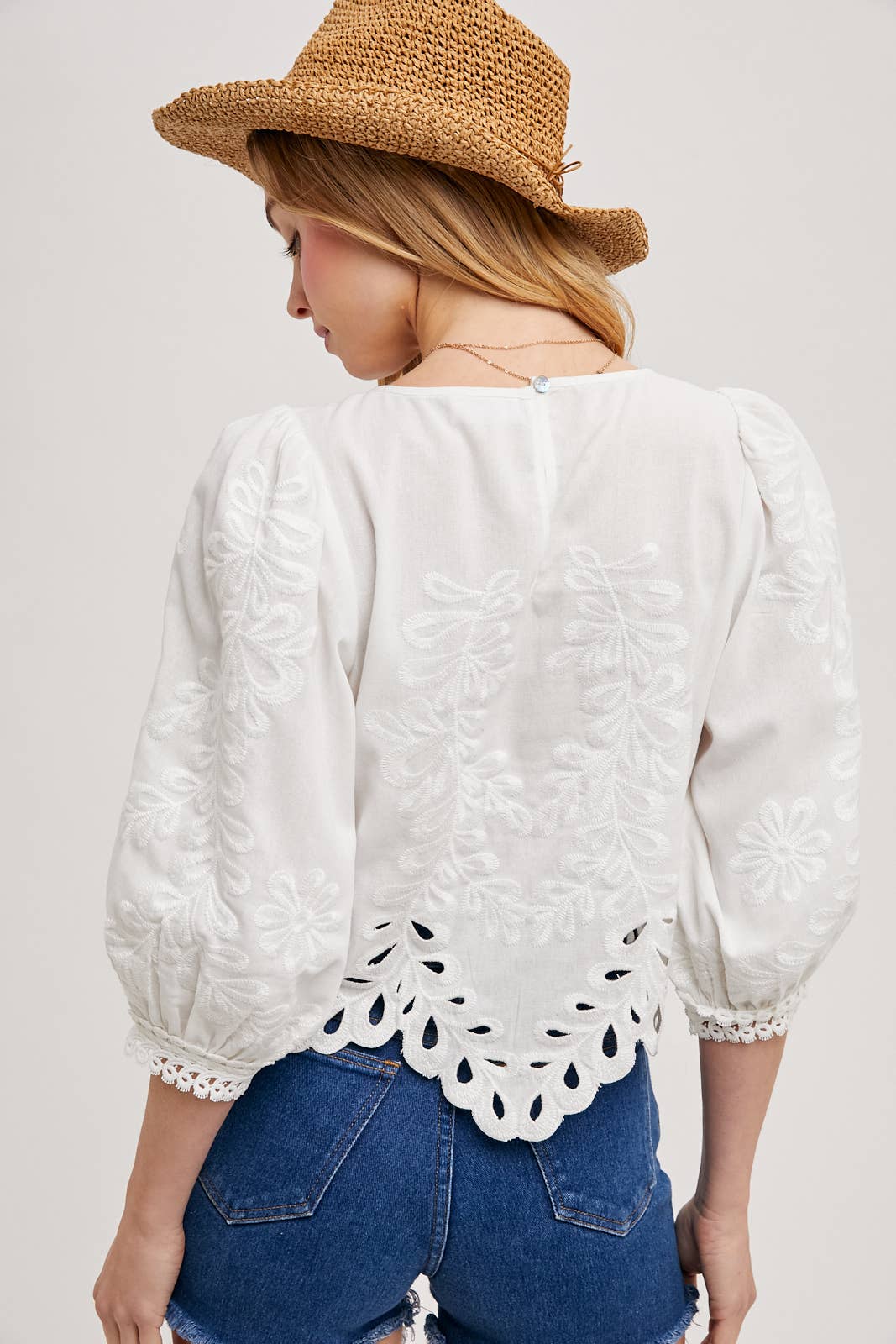 Lace Cutout Bottom Bubble Sleeve Top
