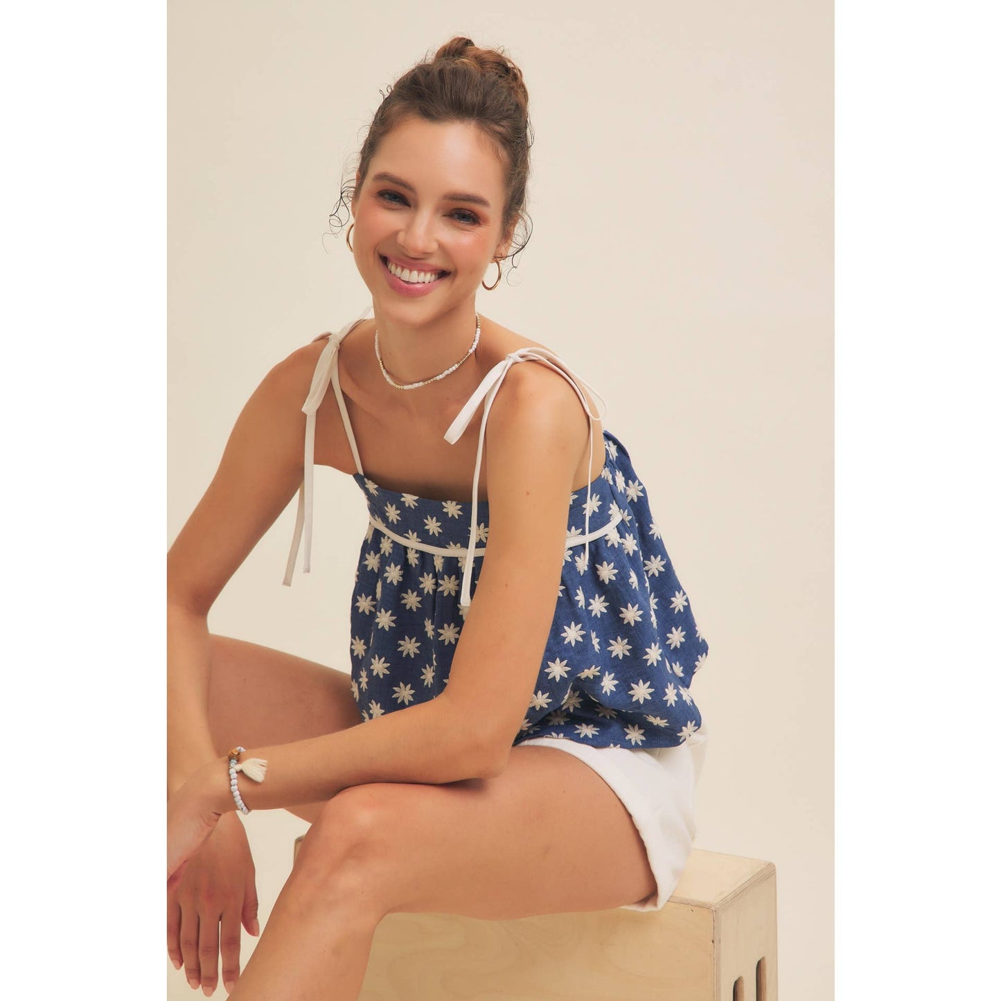 Embroidered Flare Tank Top with Bow Straps