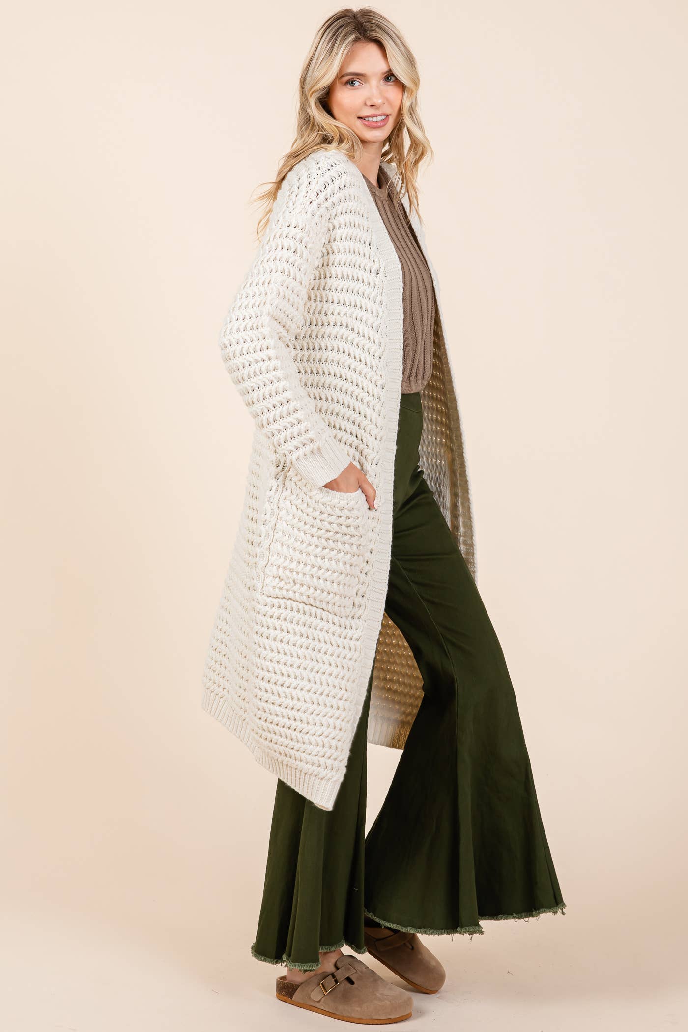 Waffle Knit Long-Body Cardigan