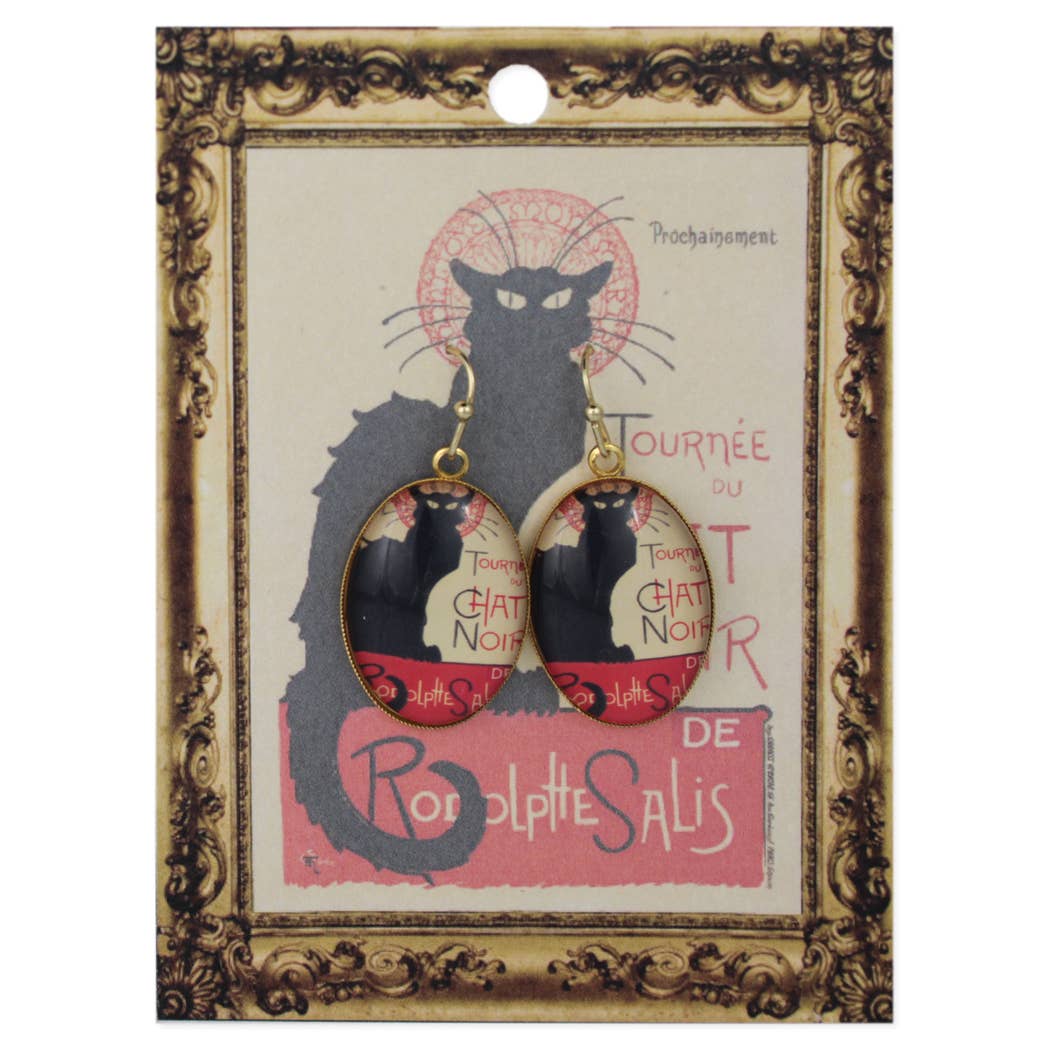 Chat Noir Print Gold Oval Fine Art Earrings