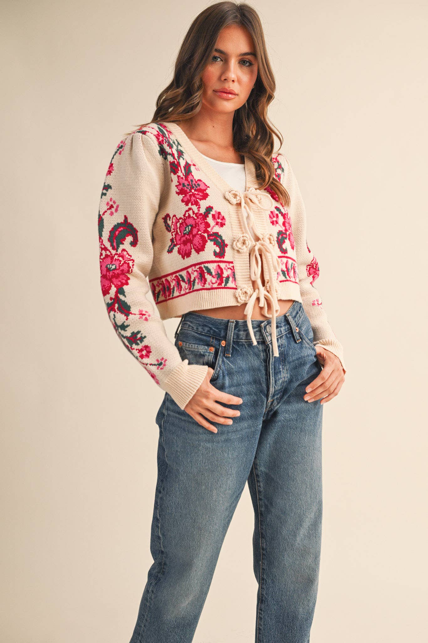 Floral Knit Tie-Front Cardigan
