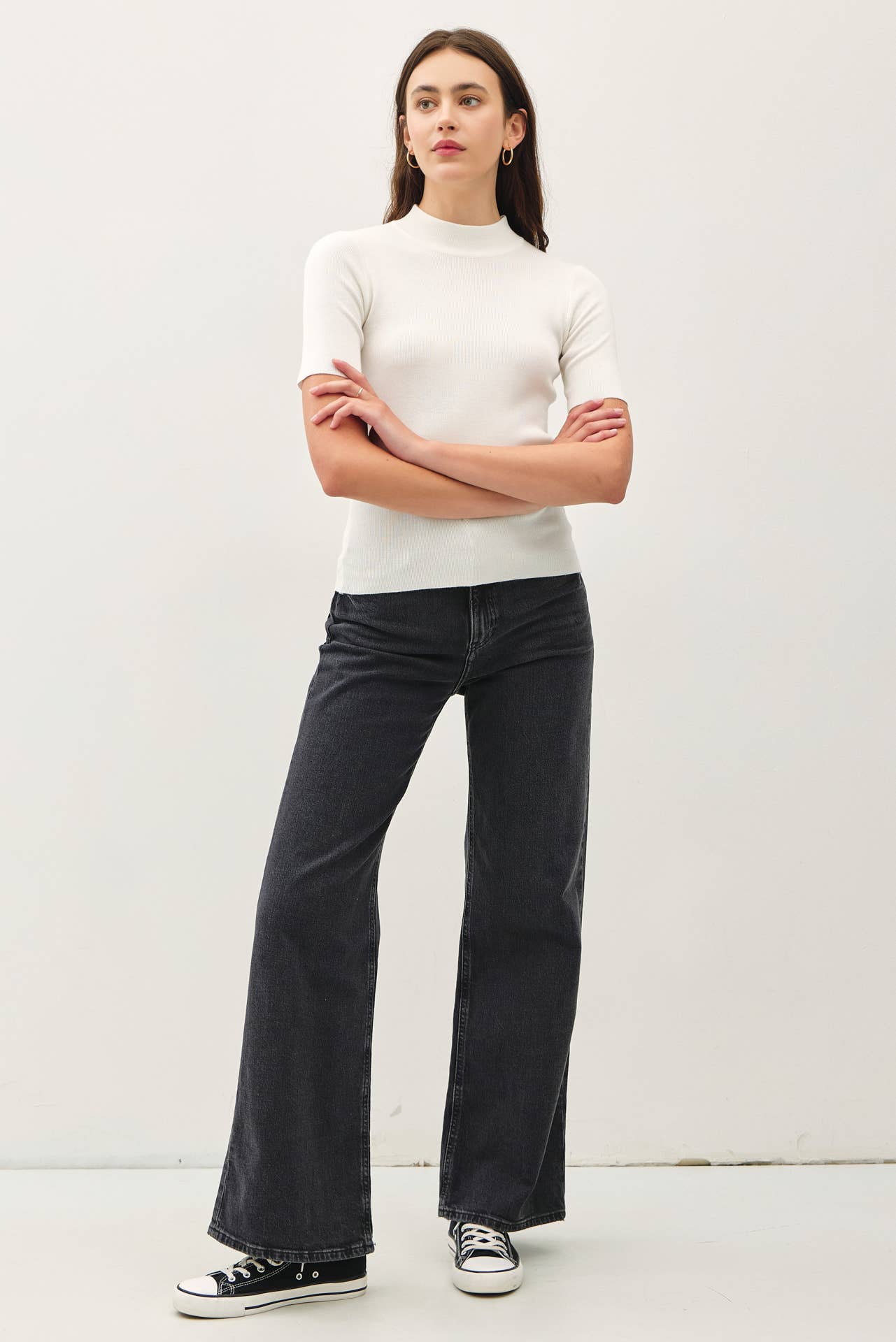 Ribbed Short Sleeve Mock Neck Sweater