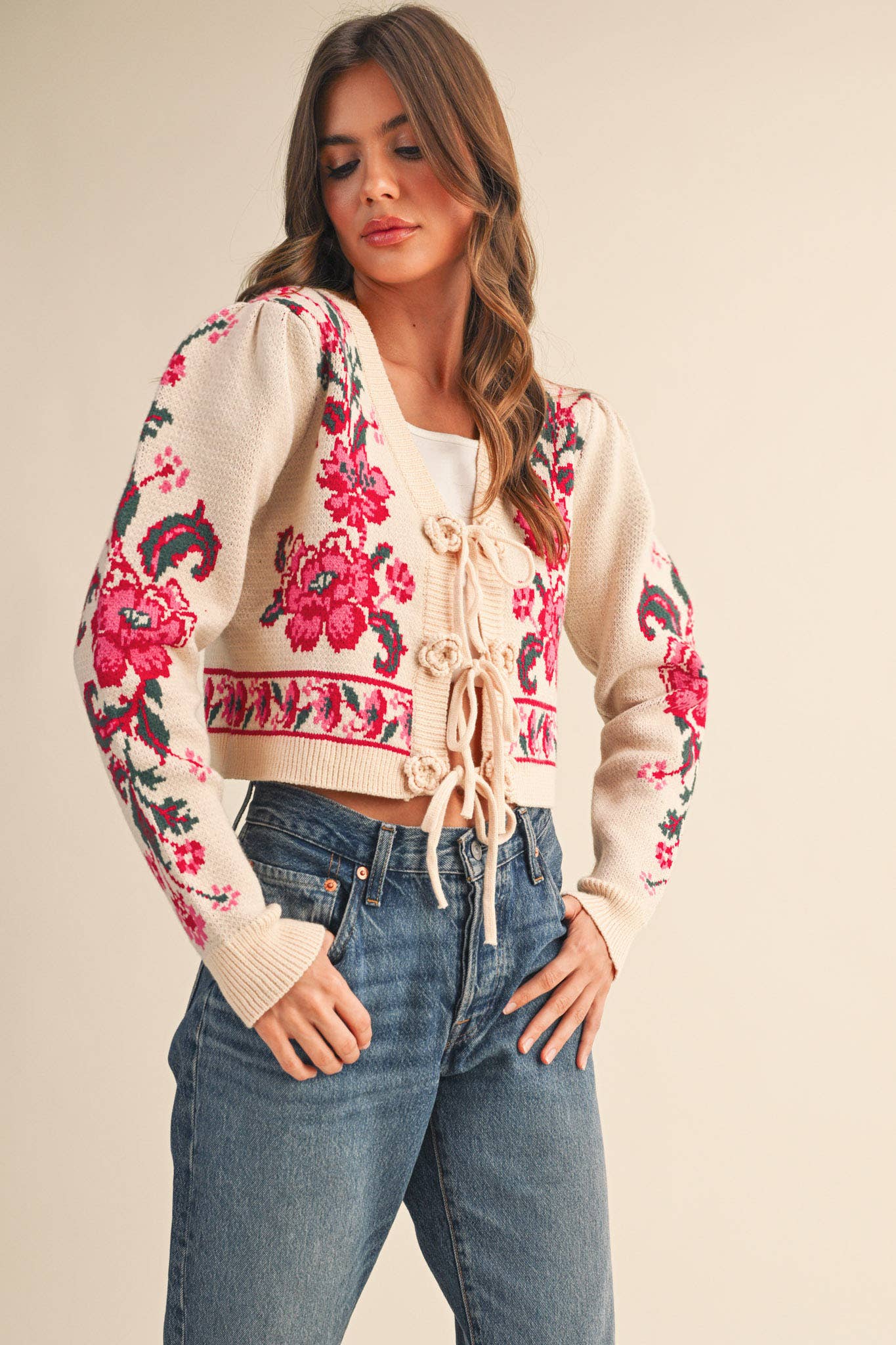 Floral Knit Tie-Front Cardigan