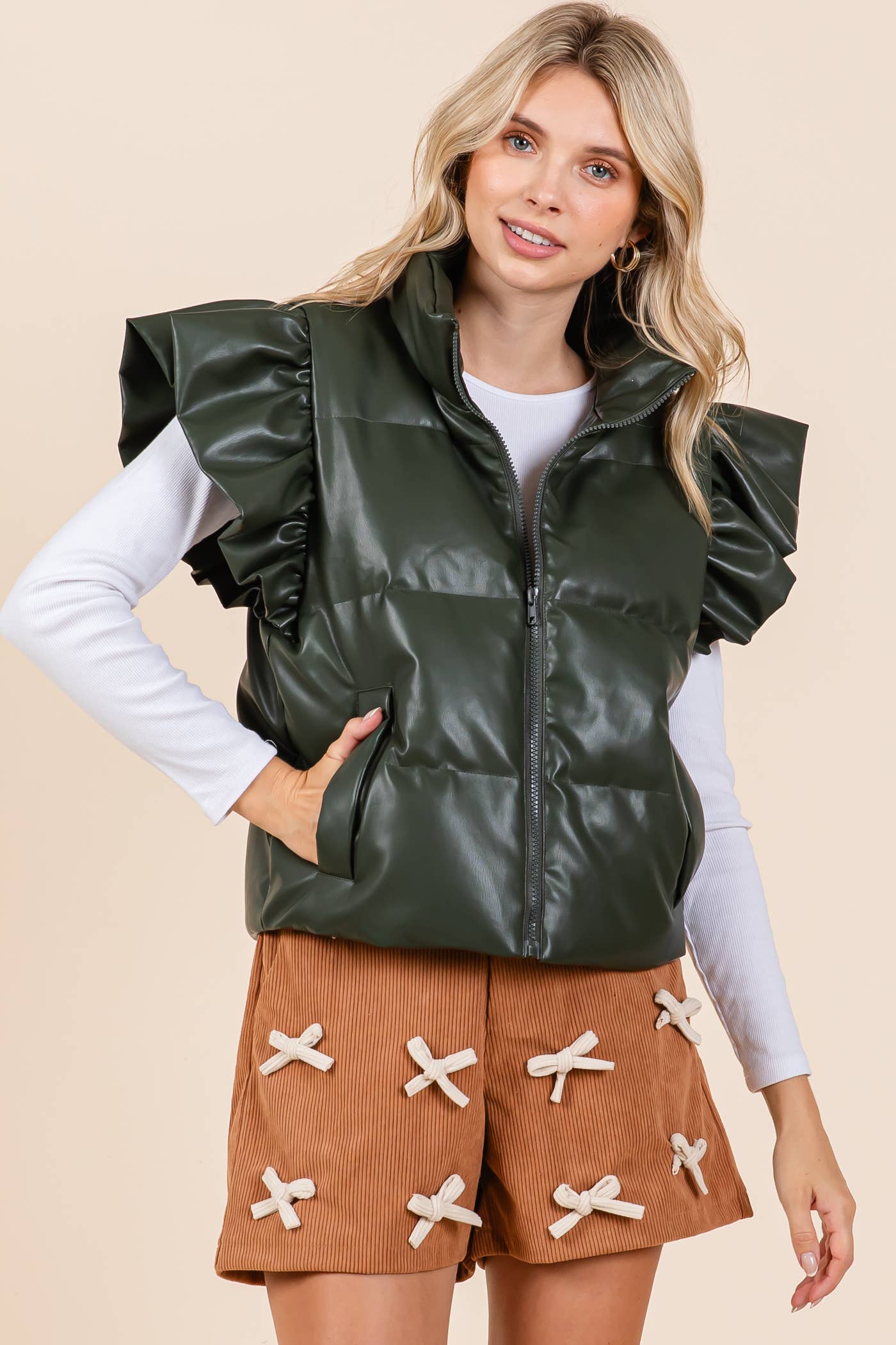 Faux Leather Ruffle Sleeve Puffer Vest